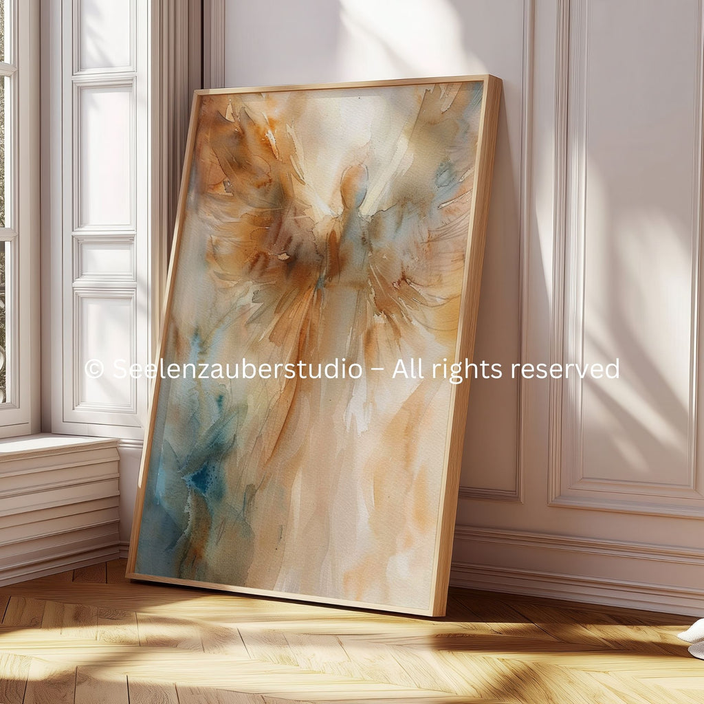 Engel Poster Aquarell – Abstrakte Engelkunst in Beige & Gold – Spirituelle Wandkunst Modern – Zeitgenössischer Kunstdruck – Engel Wandbild