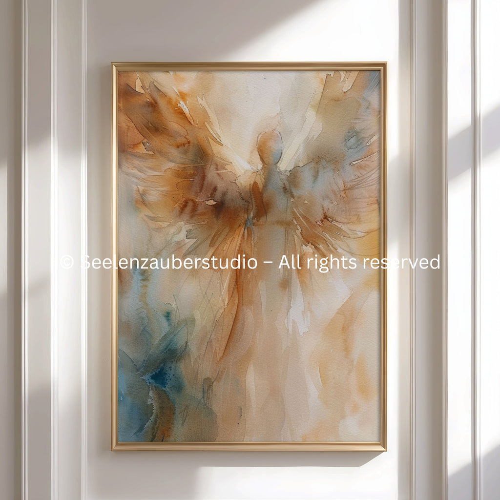 Engel Poster Aquarell – Abstrakte Engelkunst in Beige & Gold – Spirituelle Wandkunst Modern – Zeitgenössischer Kunstdruck – Engel Wandbild