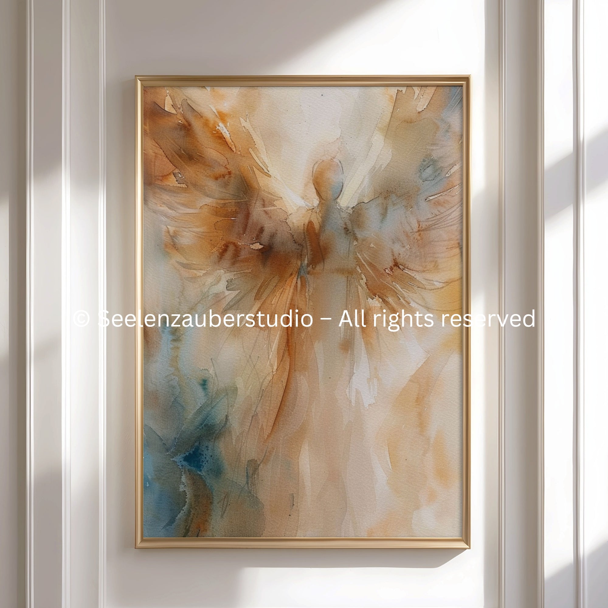Engel Poster Aquarell – Abstrakte Engelkunst in Beige & Gold – Spirituelle Wandkunst Modern – Zeitgenössischer Kunstdruck – Engel Wandbild