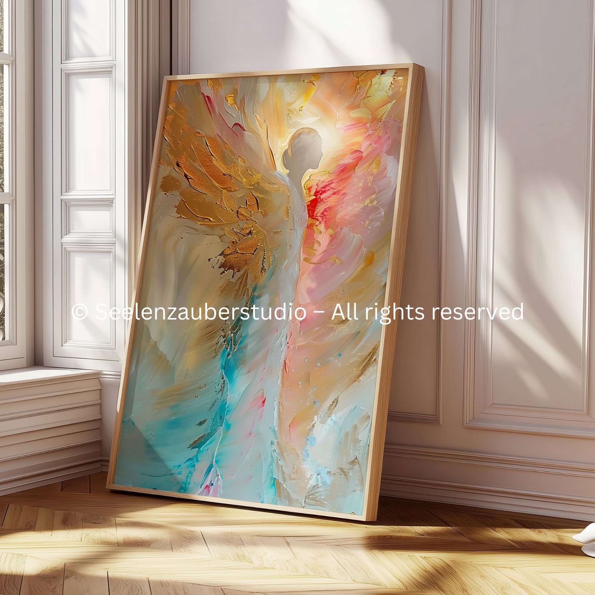 Engel Poster Aquarell – Moderne Engelkunst in Pastell & Gold – Spirituelle Wandkunst – Zeitgenössischer Kunstdruck – Engel Wandbild