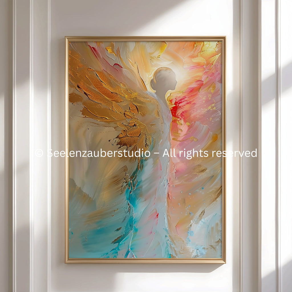 Engel Poster Aquarell – Moderne Engelkunst in Pastell & Gold – Spirituelle Wandkunst – Zeitgenössischer Kunstdruck – Engel Wandbild