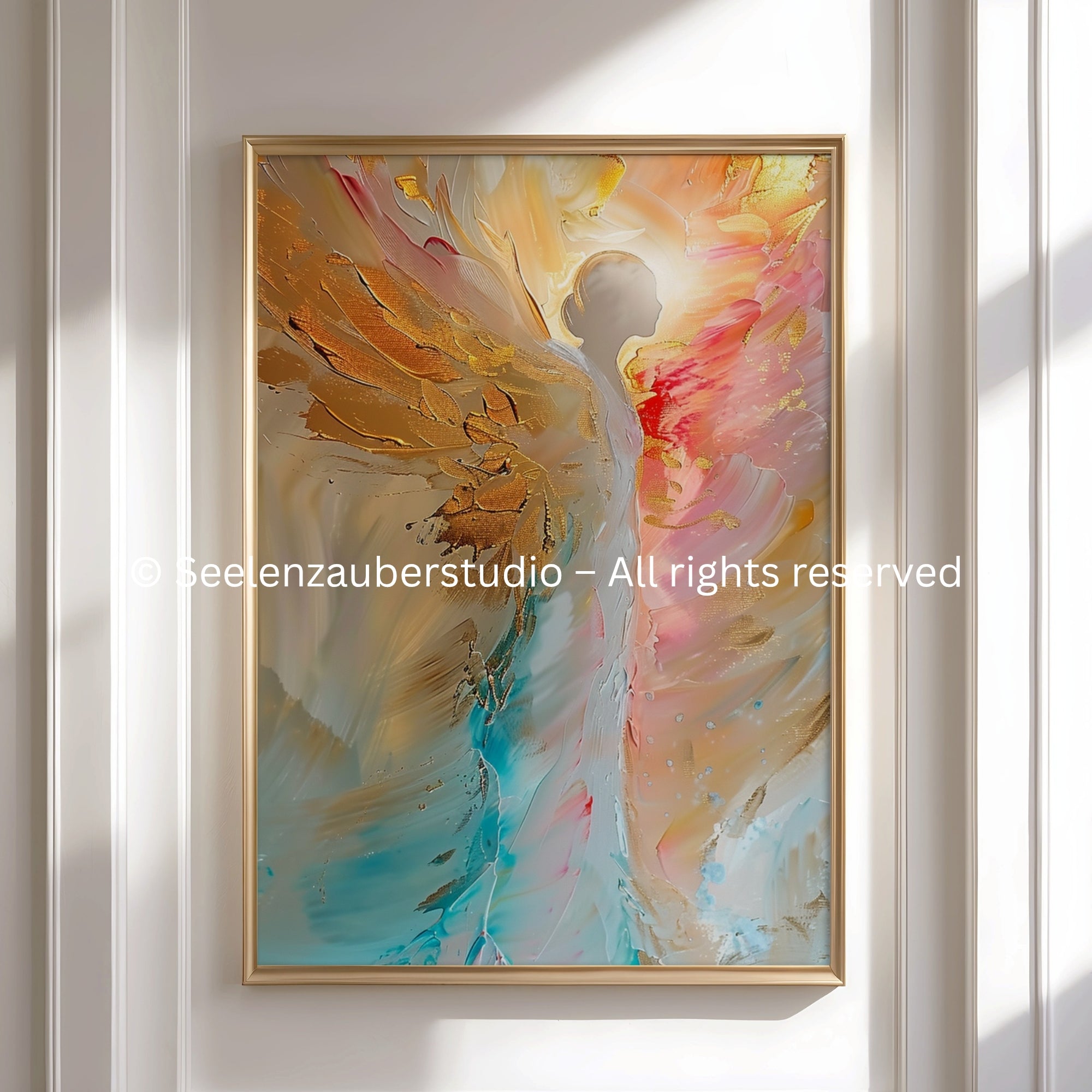Engel Poster Aquarell – Moderne Engelkunst in Pastell & Gold – Spirituelle Wandkunst – Zeitgenössischer Kunstdruck – Engel Wandbild