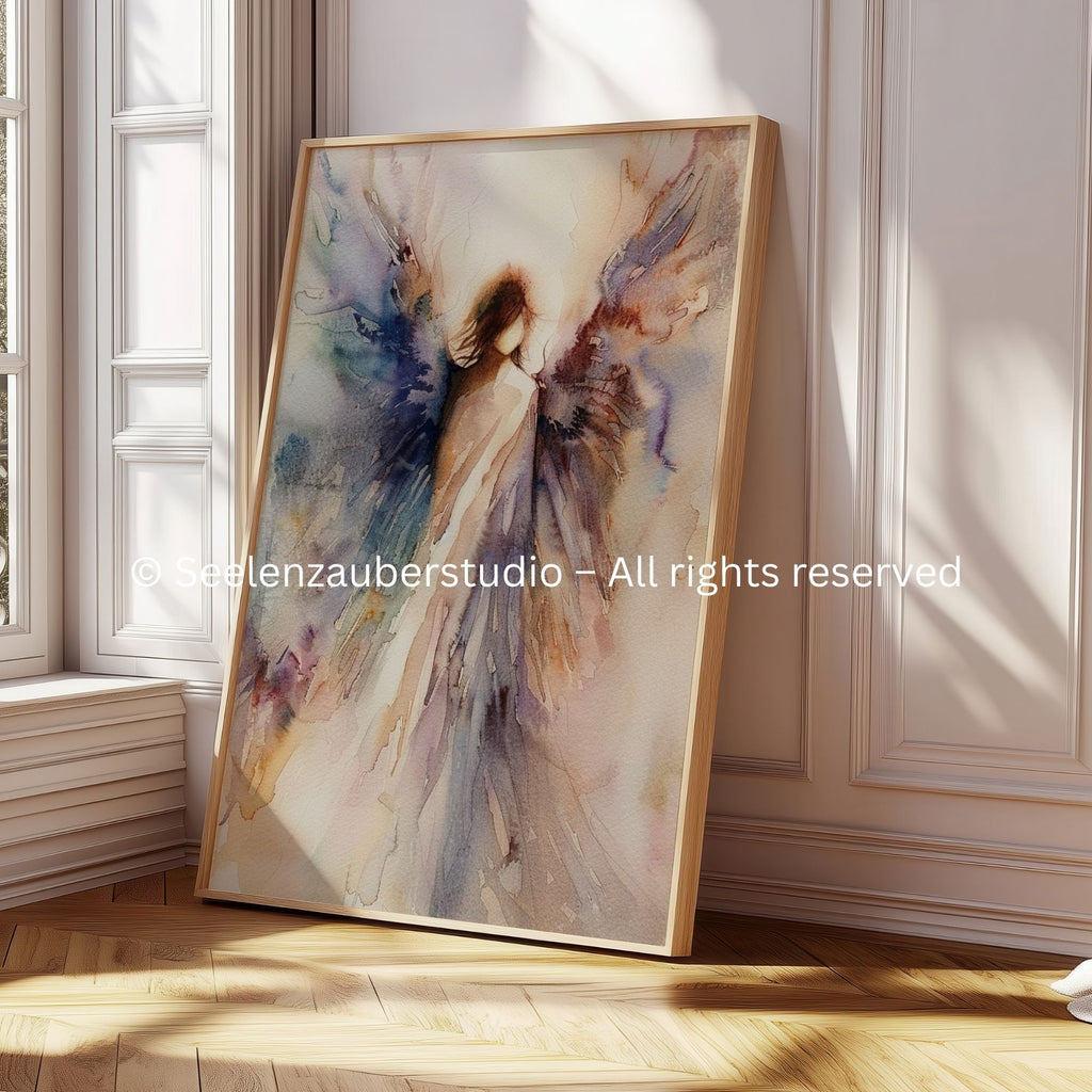 Abstraktes Engel Poster – Zarte Aquarell Wandkunst in Lila  Blau – Spiritueller Kunstdruck für Wohnzimmer  Schlafzimmer