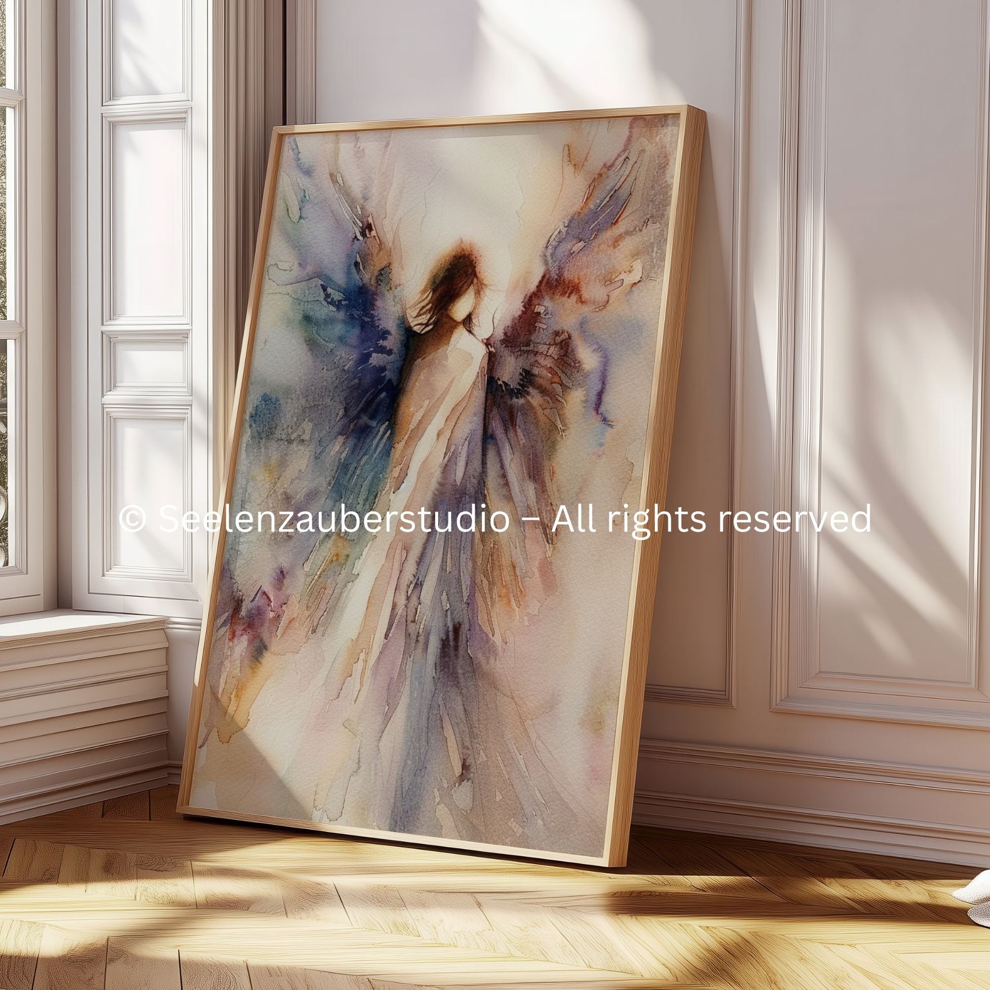 Abstraktes Engel Poster – Zarte Aquarell Wandkunst in Lila  Blau – Spiritueller Kunstdruck für Wohnzimmer  Schlafzimmer
