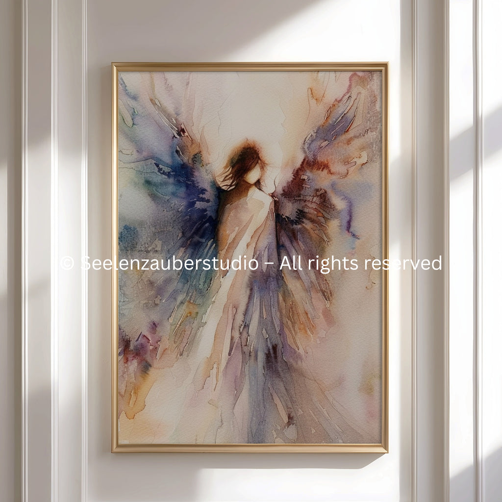 Abstraktes Engel Poster – Zarte Aquarell Wandkunst in Lila  Blau – Spiritueller Kunstdruck für Wohnzimmer  Schlafzimmer