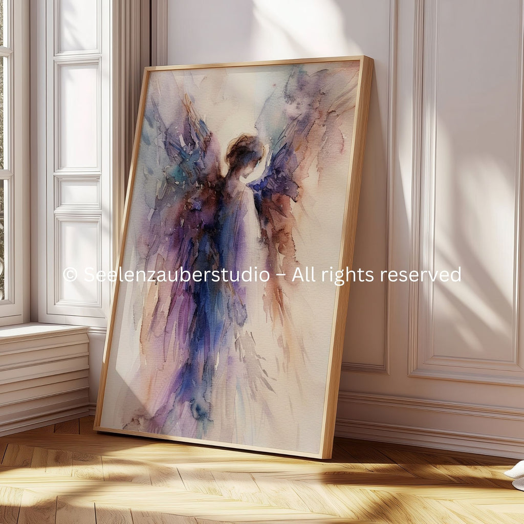 Abstraktes Engel Poster – Zarte Aquarell Wandkunst in Lila  Blau – Spiritueller Kunstdruck für Wohnzimmer  Schlafzimmer