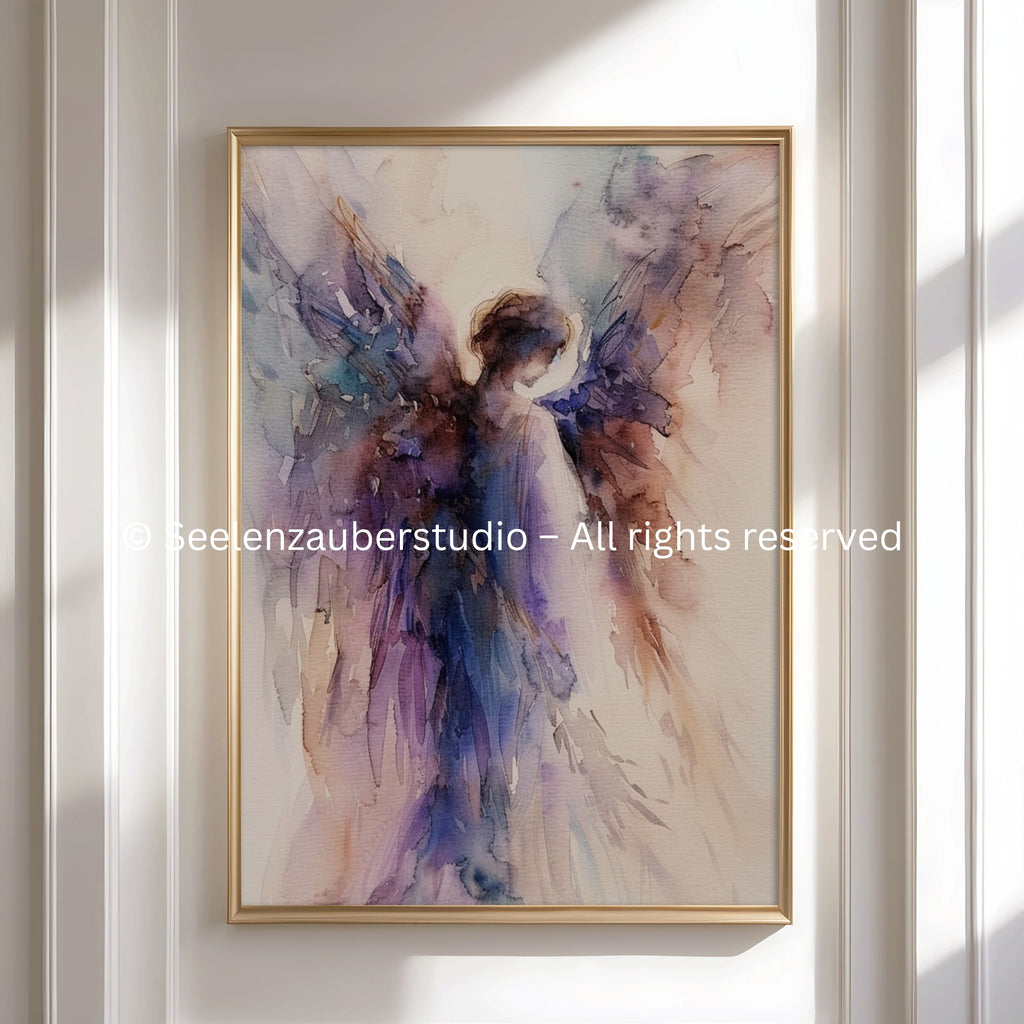 Abstraktes Engel Poster – Zarte Aquarell Wandkunst in Lila  Blau – Spiritueller Kunstdruck für Wohnzimmer  Schlafzimmer