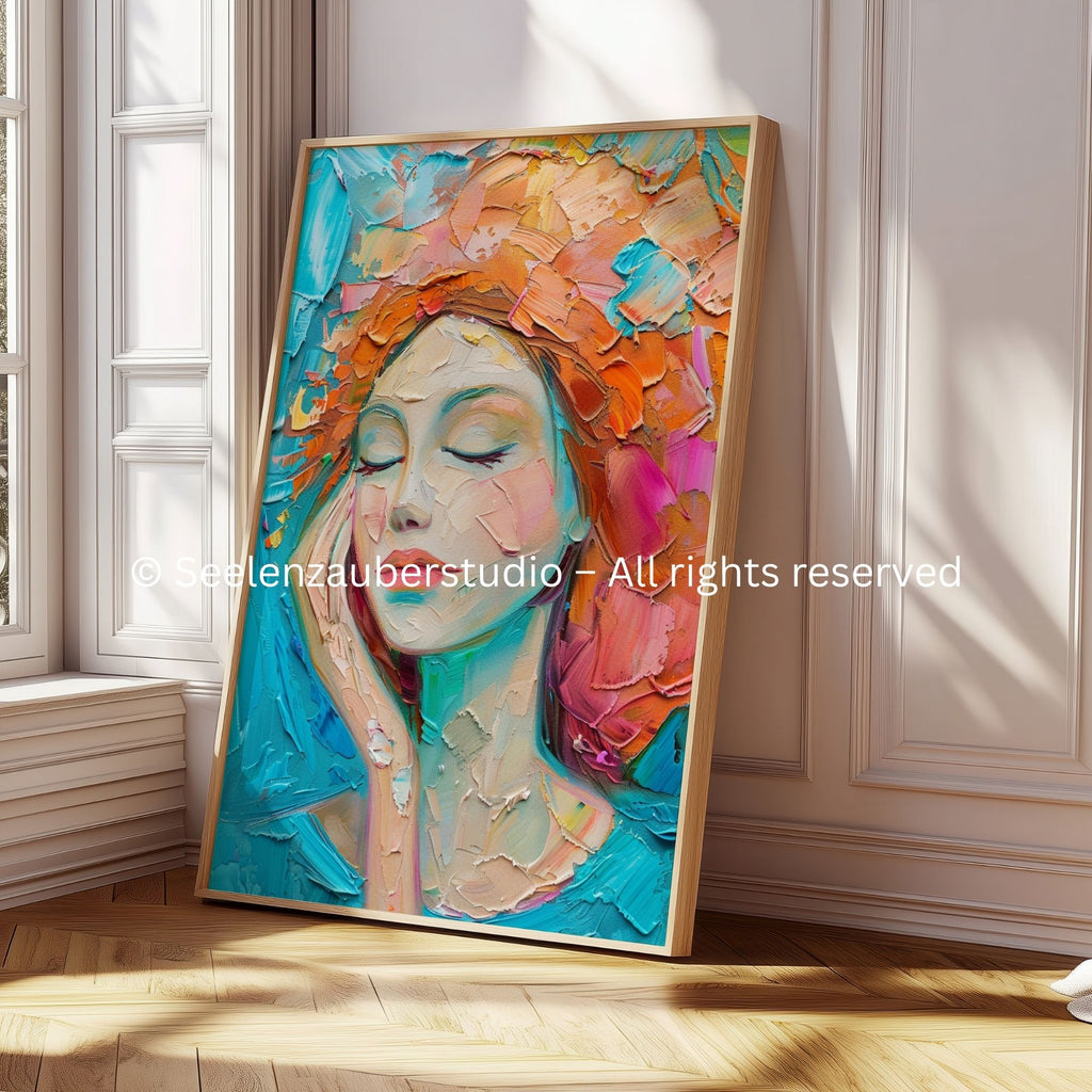 Abstract Woman Art | Turquoise Orange Flowers | Modern Wall Decor | Feminine Portrait | Colorful Face Painting