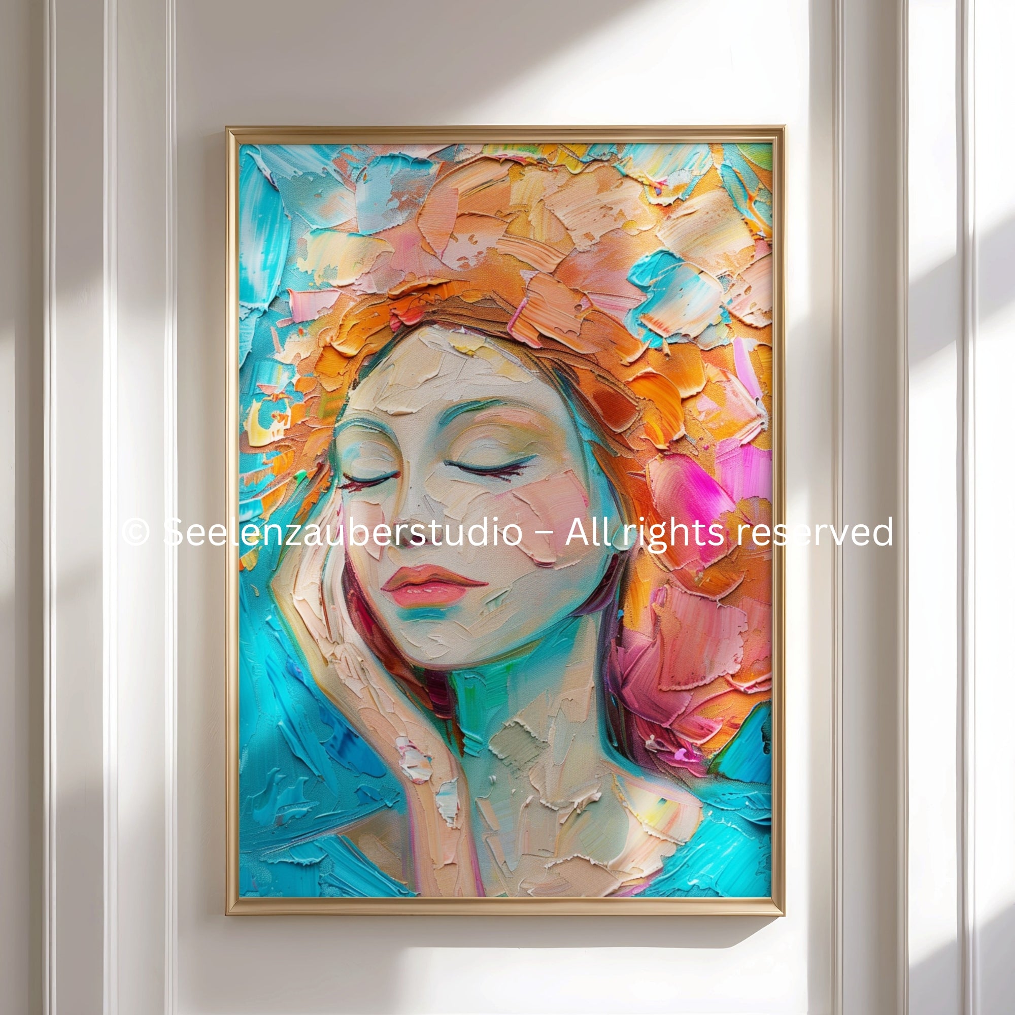 Abstract Woman Art | Turquoise Orange Flowers | Modern Wall Decor | Feminine Portrait | Colorful Face Painting