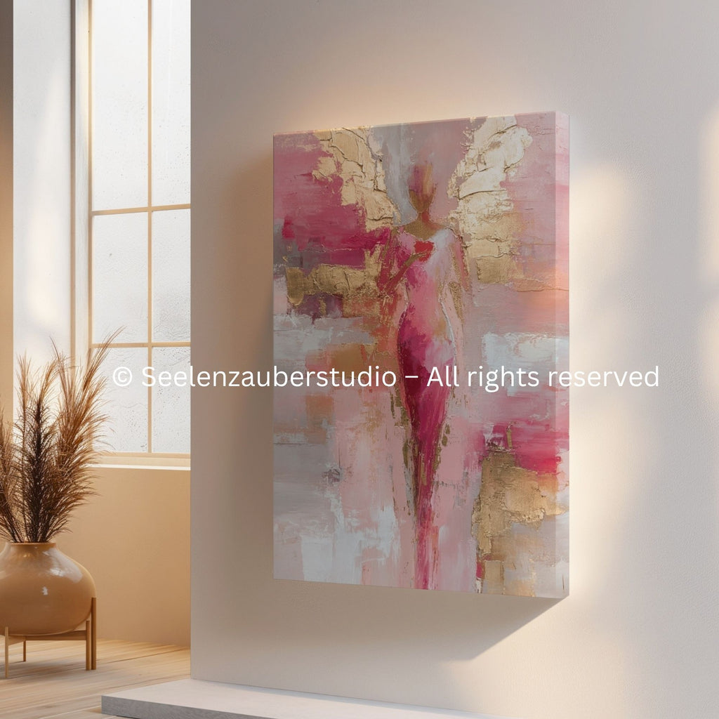 Abstraktes Engel Gemälde auf Leinwand Gold Rosa – Moderner Schutzengel Wandbild Keilrahmen  – "Engel der Liebe" Unikat