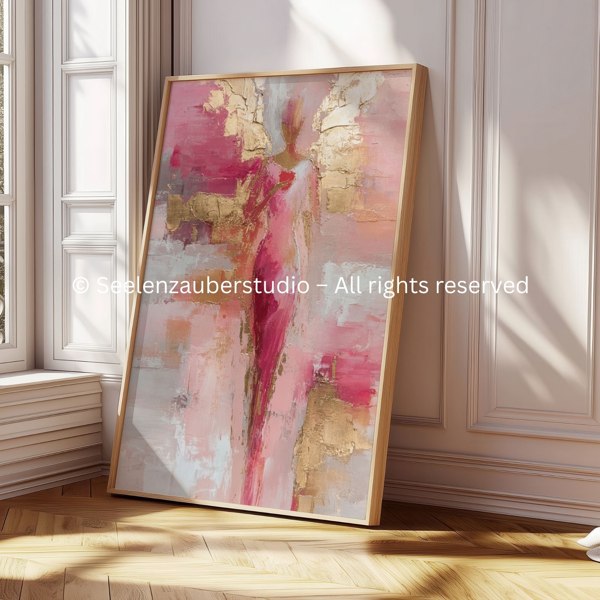 Abstraktes Engel Gemälde auf Leinwand Gold Rosa – Moderner Schutzengel Wandbild Keilrahmen  – "Engel der Liebe" Unikat
