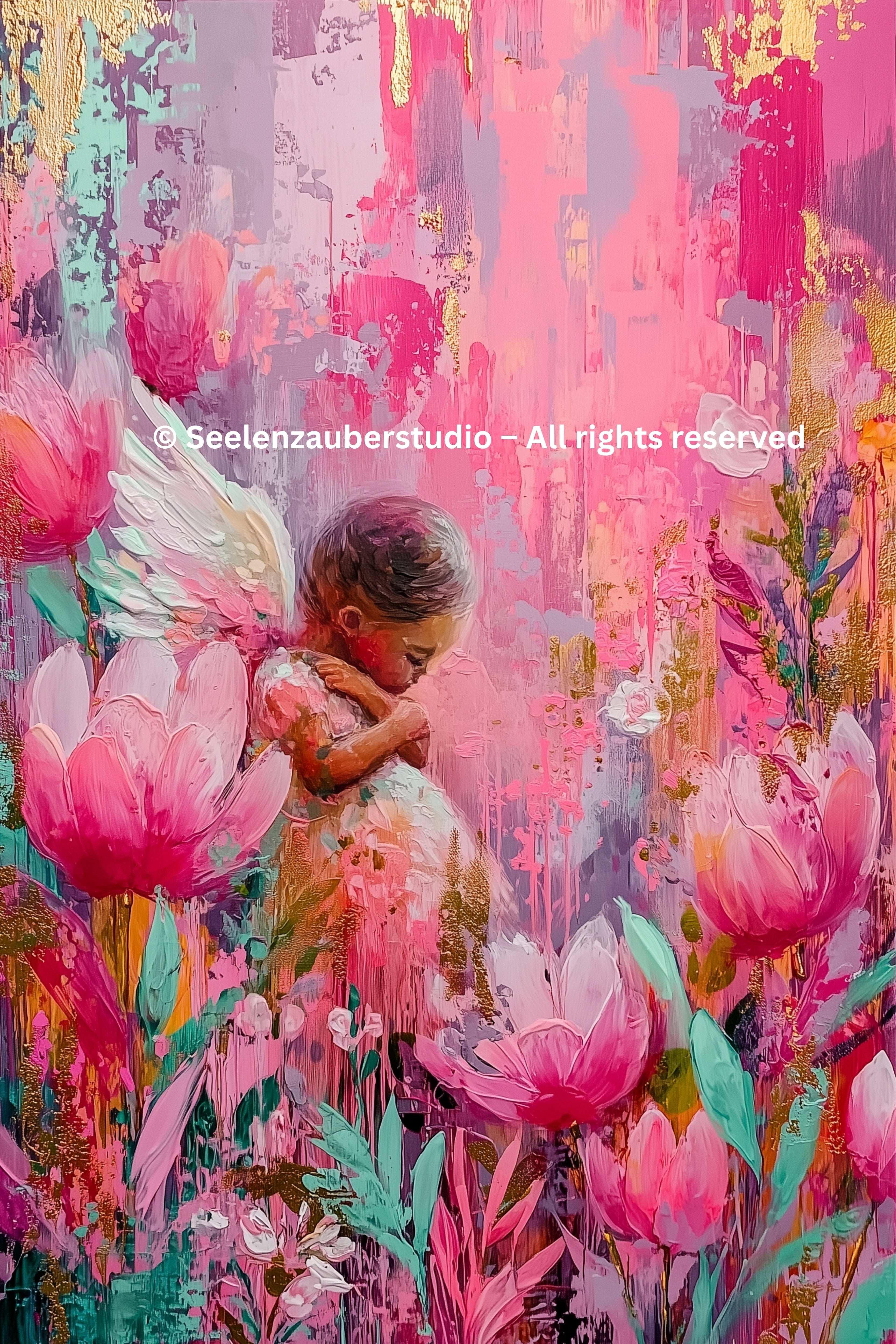 Schutzengel Bild | Schutzengel Kind mit Flügeln | Schutzengelbild Tulpen rosa | Bunter Schutzengel Baby Engel Kunstdruck | Geschenk Taufe