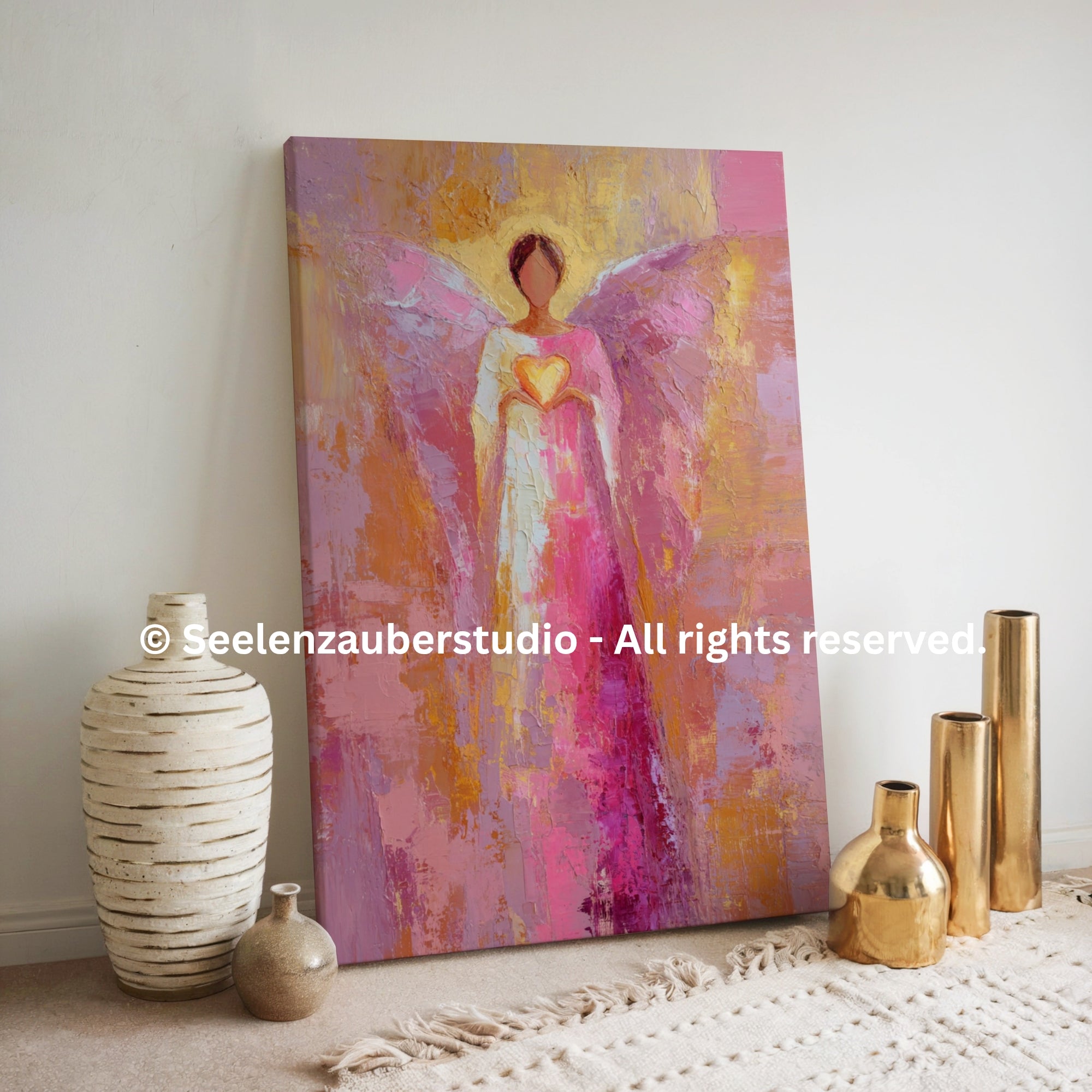 Erzengel Chamuel Kunstbild auf dicker Leinwand – Engelmotiv mit Herzsymbol – Hochwertiges Wandbild auf Keilrahmen