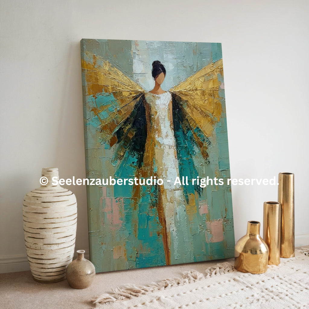 Engelmotiv als modernes Wandbild – Kunst auf dicker Leinwand in Türkis & Gold – Hochwertiges Keilrahmenbild