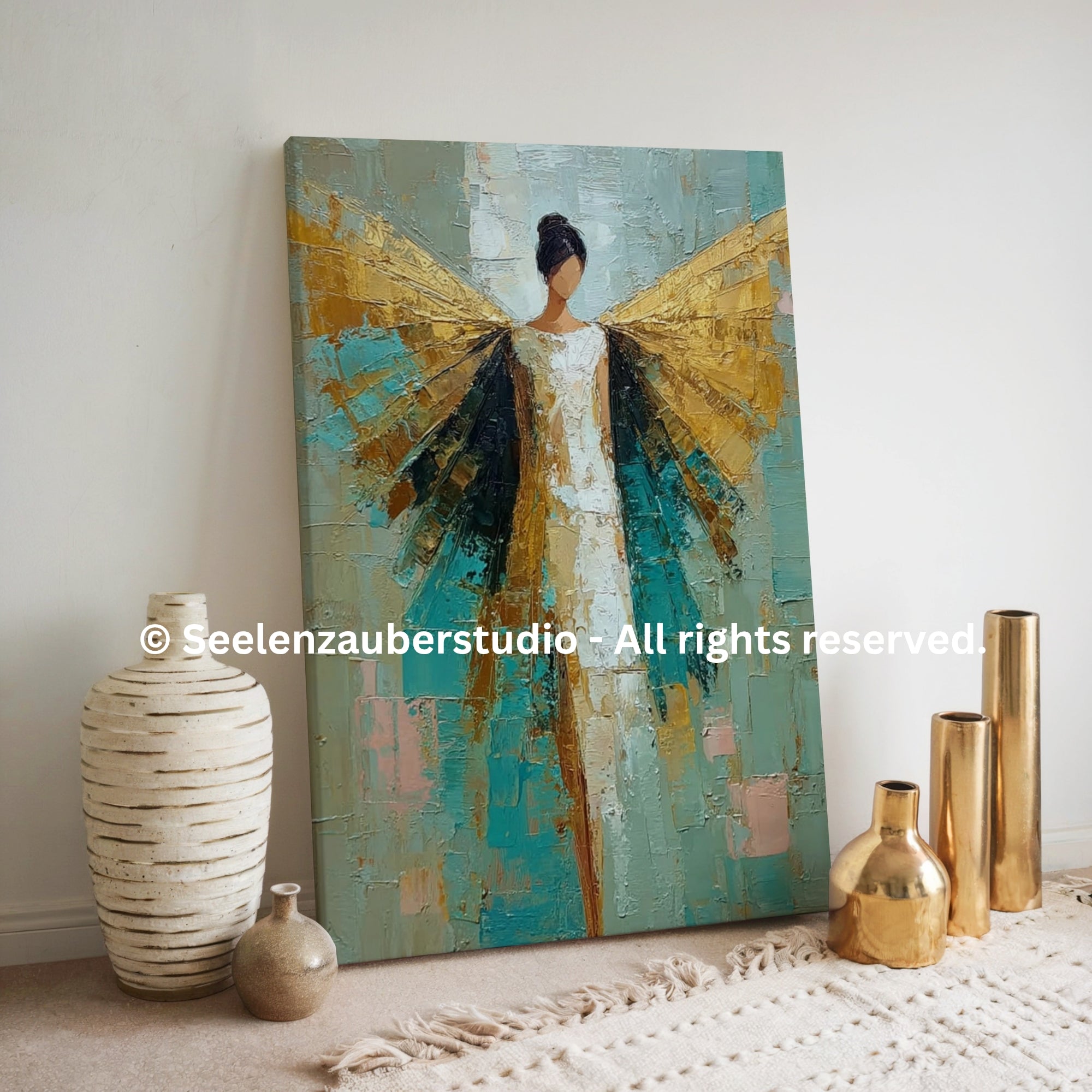 Engelmotiv als modernes Wandbild – Kunst auf dicker Leinwand in Türkis & Gold – Hochwertiges Keilrahmenbild