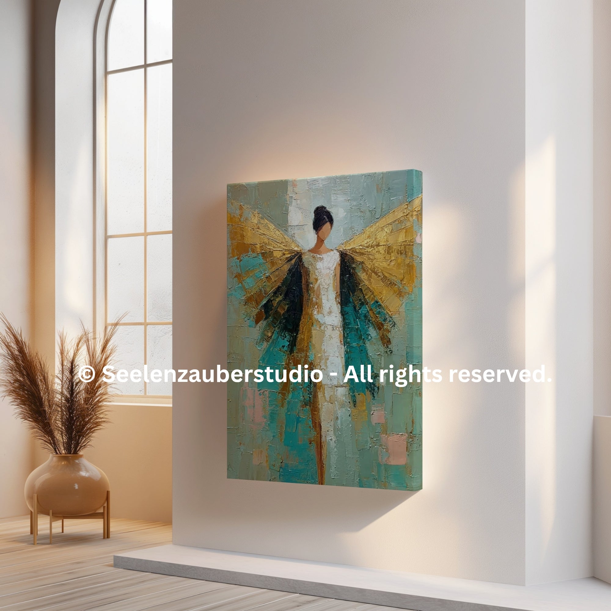 Engelmotiv als modernes Wandbild – Kunst auf dicker Leinwand in Türkis & Gold – Hochwertiges Keilrahmenbild