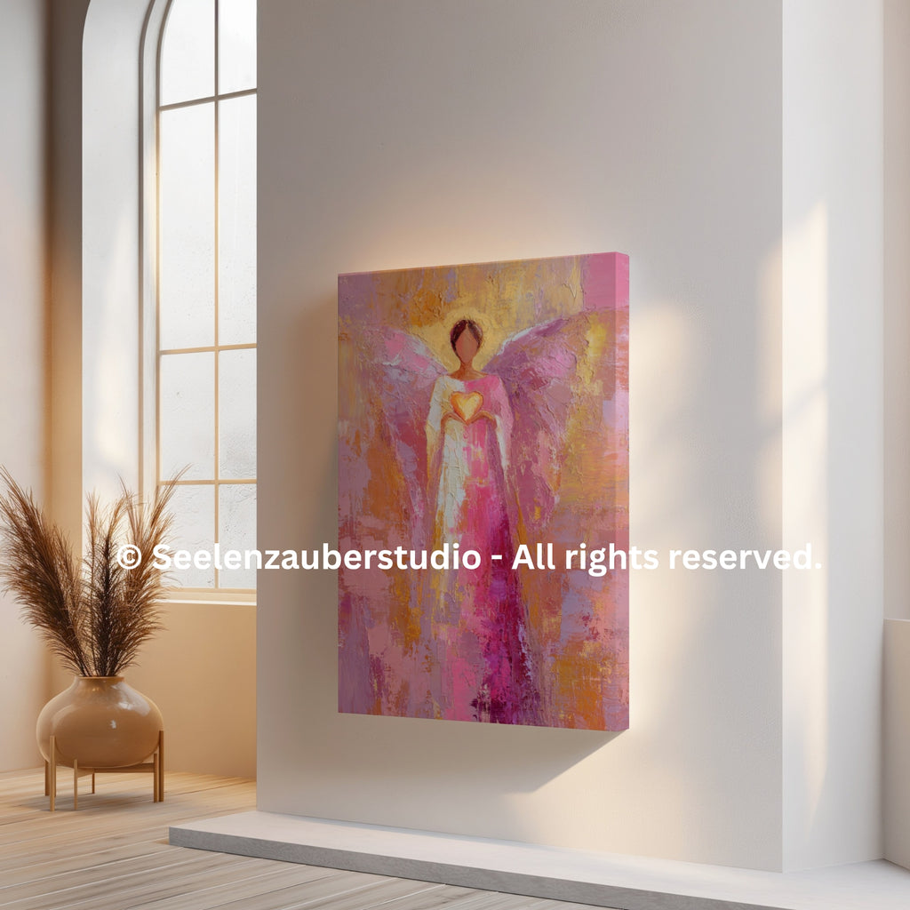 Erzengel Chamuel Kunstbild auf dicker Leinwand – Engelmotiv mit Herzsymbol – Hochwertiges Wandbild auf Keilrahmen