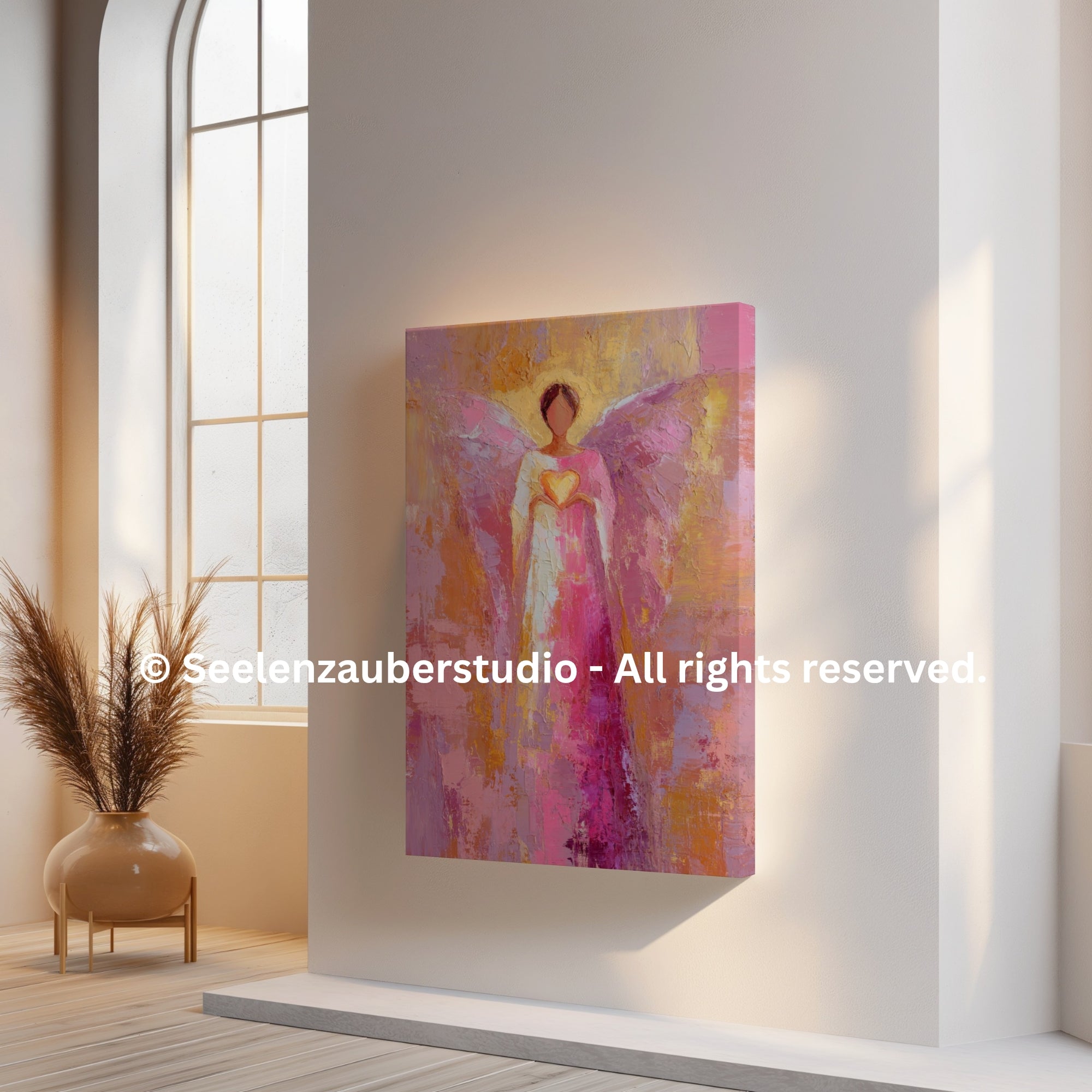 Erzengel Chamuel Kunstbild auf dicker Leinwand – Engelmotiv mit Herzsymbol – Hochwertiges Wandbild auf Keilrahmen