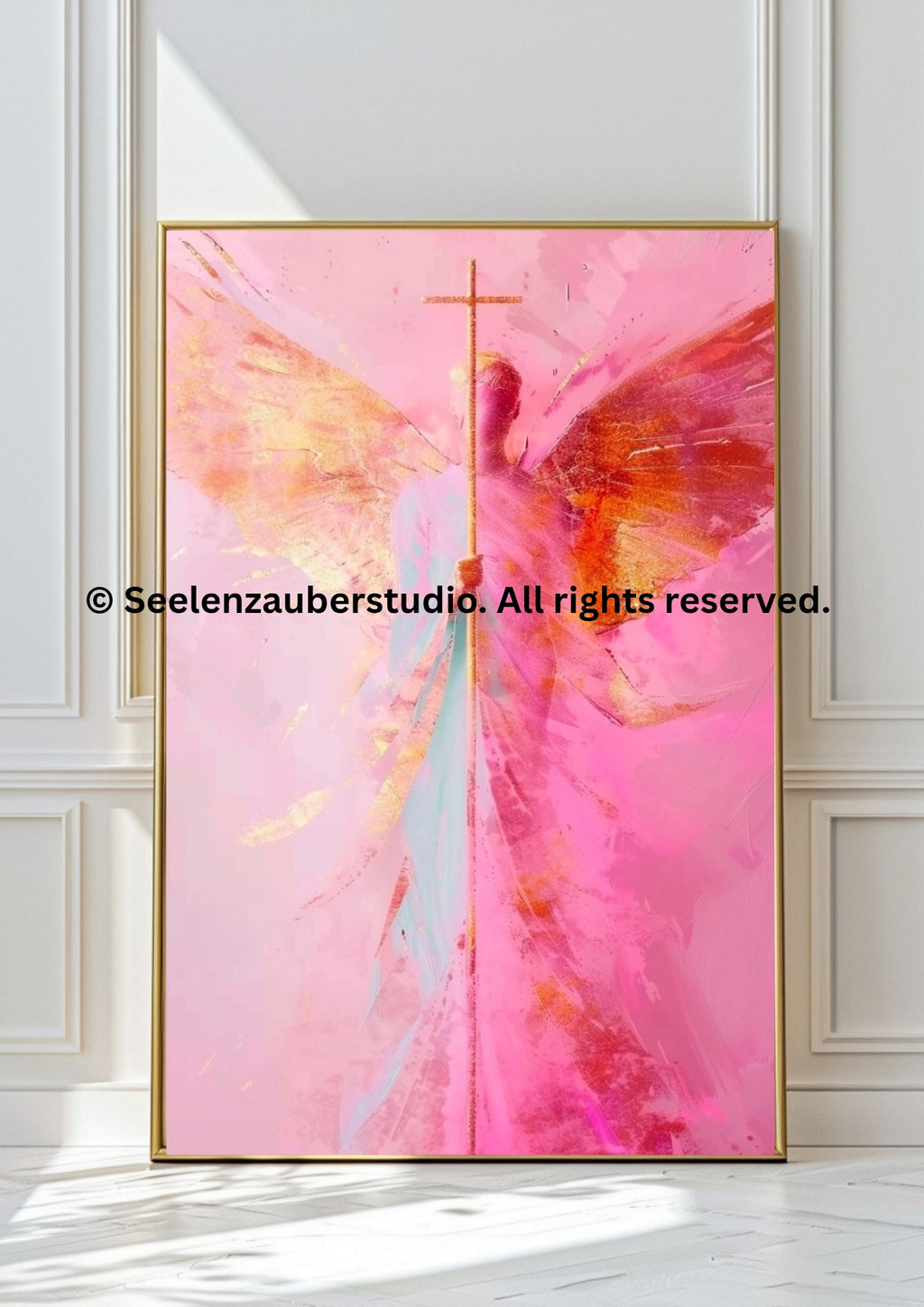 Engel mit Kreuz Kunstdruck – Christliche Wandkunst, Schutzengel Bild, Spirituelle Kunst, Glaube & Hoffnung, Rosa Engel Flügel Poster