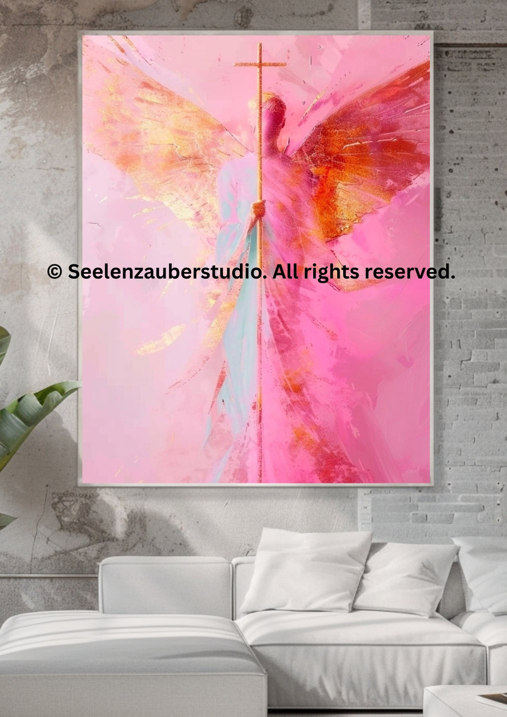 Engel mit Kreuz Kunstdruck – Christliche Wandkunst, Schutzengel Bild, Spirituelle Kunst, Glaube & Hoffnung, Rosa Engel Flügel Poster