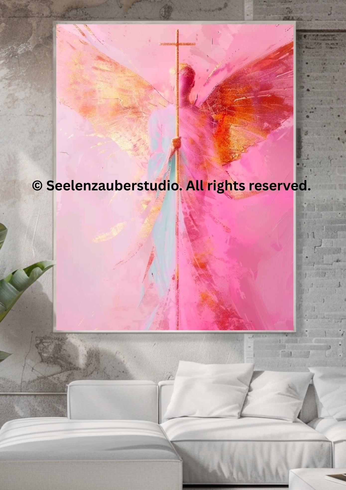 Engel mit Kreuz Kunstdruck – Christliche Wandkunst, Schutzengel Bild, Spirituelle Kunst, Glaube & Hoffnung, Rosa Engel Flügel Poster
