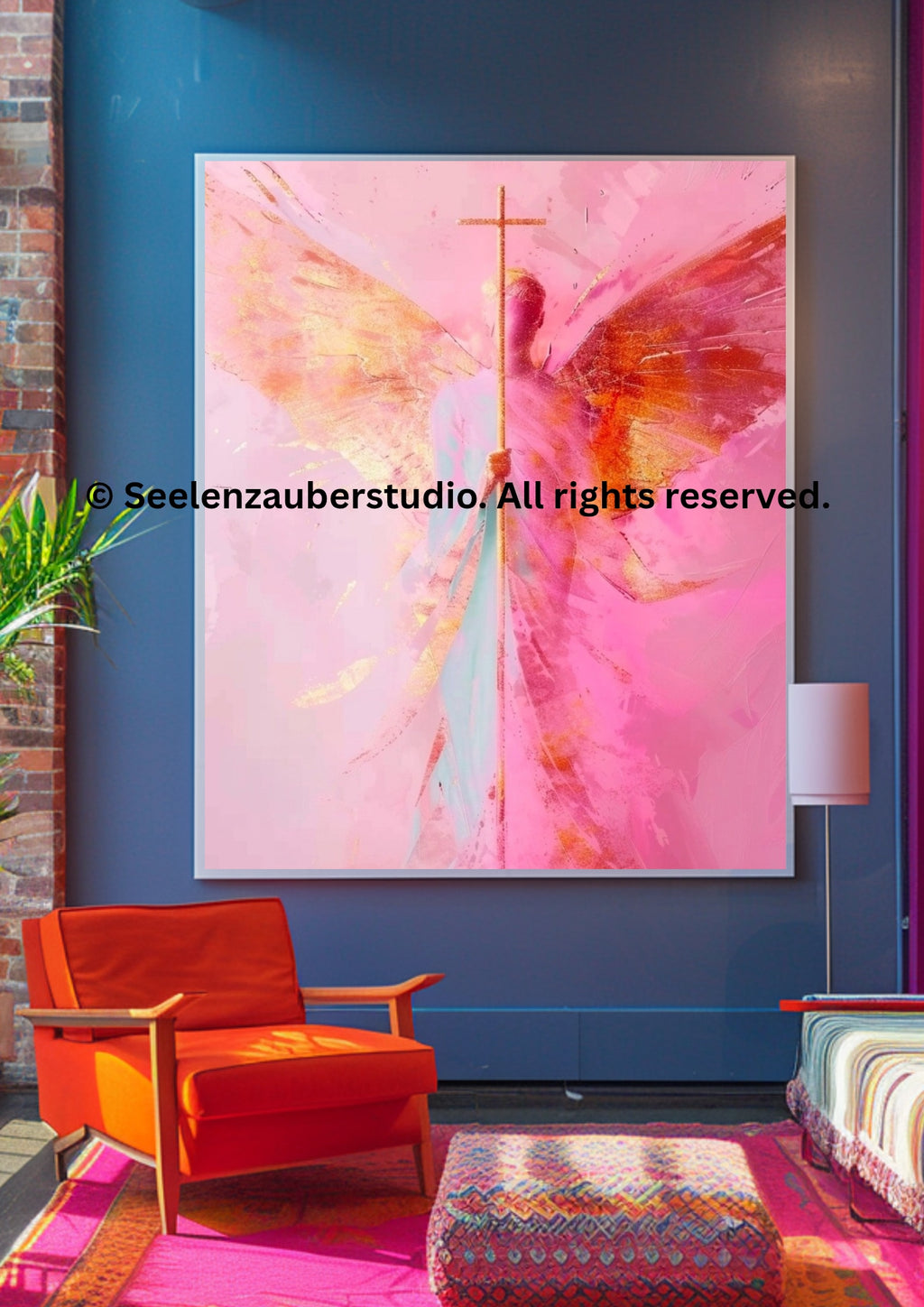 Engel mit Kreuz Kunstdruck – Christliche Wandkunst, Schutzengel Bild, Spirituelle Kunst, Glaube & Hoffnung, Rosa Engel Flügel Poster