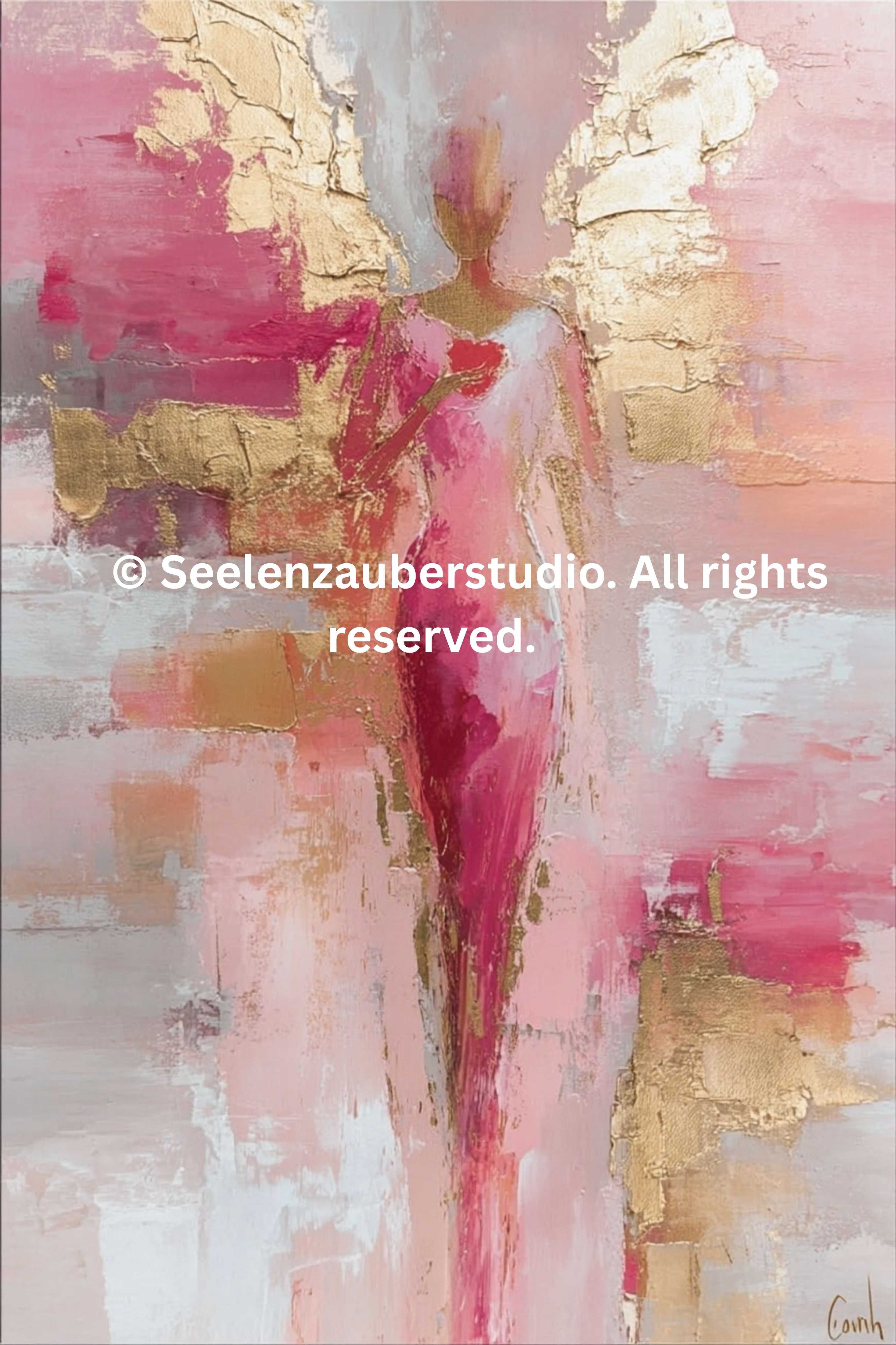Abstraktes Engel Gemälde auf Leinwand Gold Rosa – Moderner Schutzengel Wandbild Keilrahmen  – "Engel der Liebe" Unikat