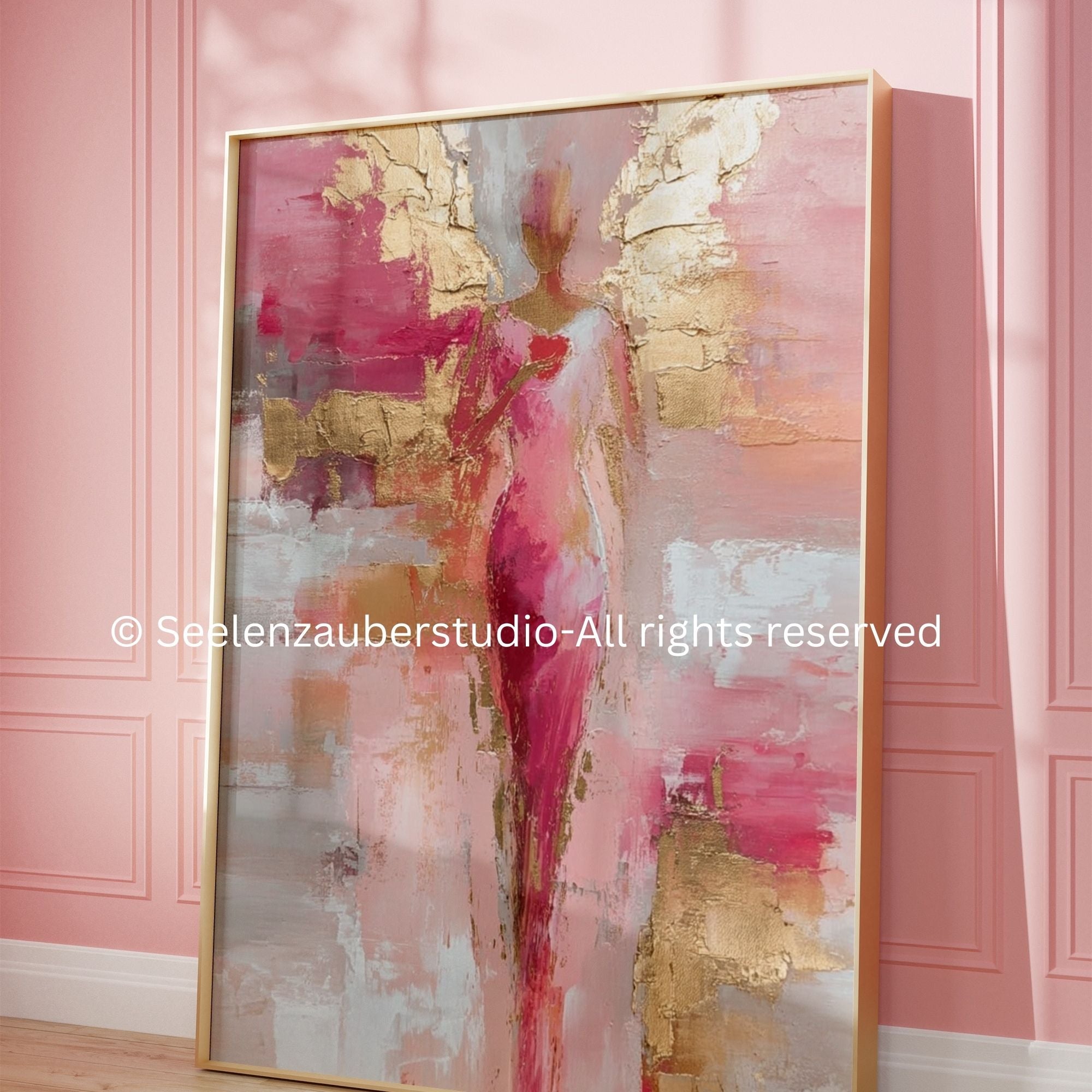 Abstraktes Engel Gemälde auf Leinwand Gold Rosa – Moderner Schutzengel Wandbild Keilrahmen  – "Engel der Liebe" Unikat