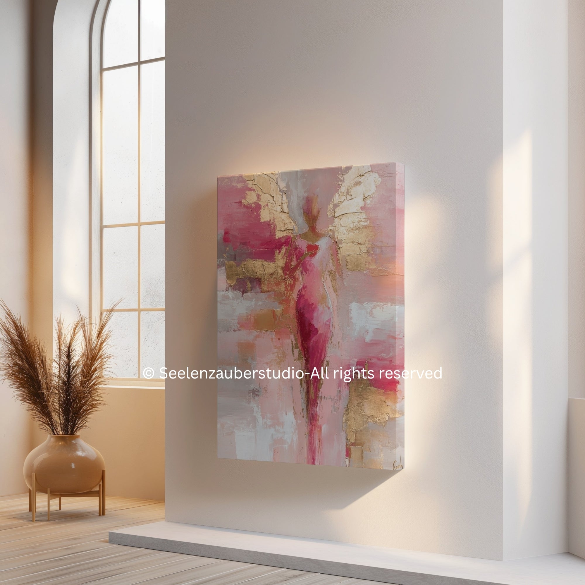 Abstraktes Engel Gemälde auf Leinwand Gold Rosa – Moderner Schutzengel Wandbild Keilrahmen  – "Engel der Liebe" Unikat