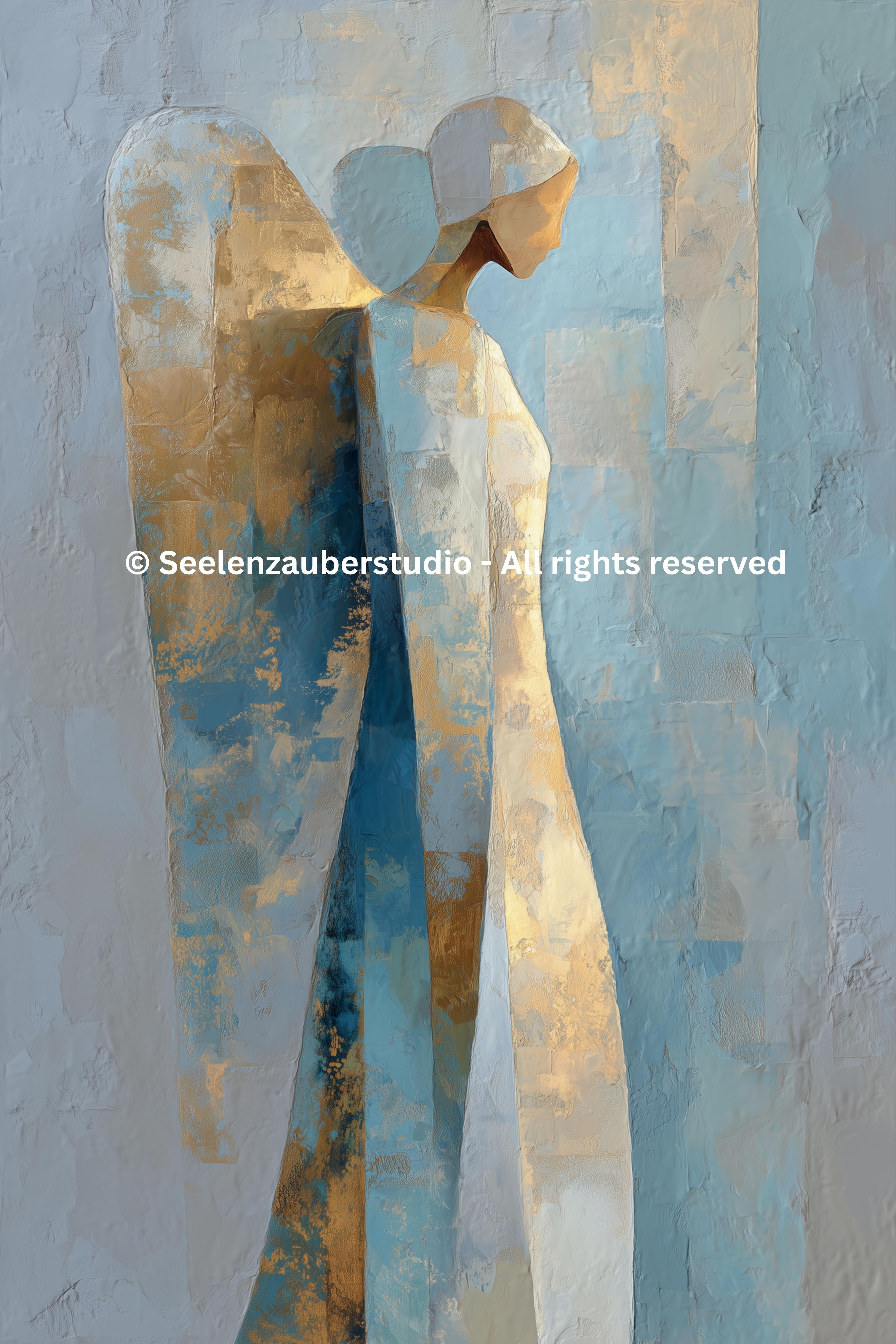Engel Leinwand Blau Gold Minimalistisch | Abstrakter Schutzengel | Christliche Spirituelle Wandkunst