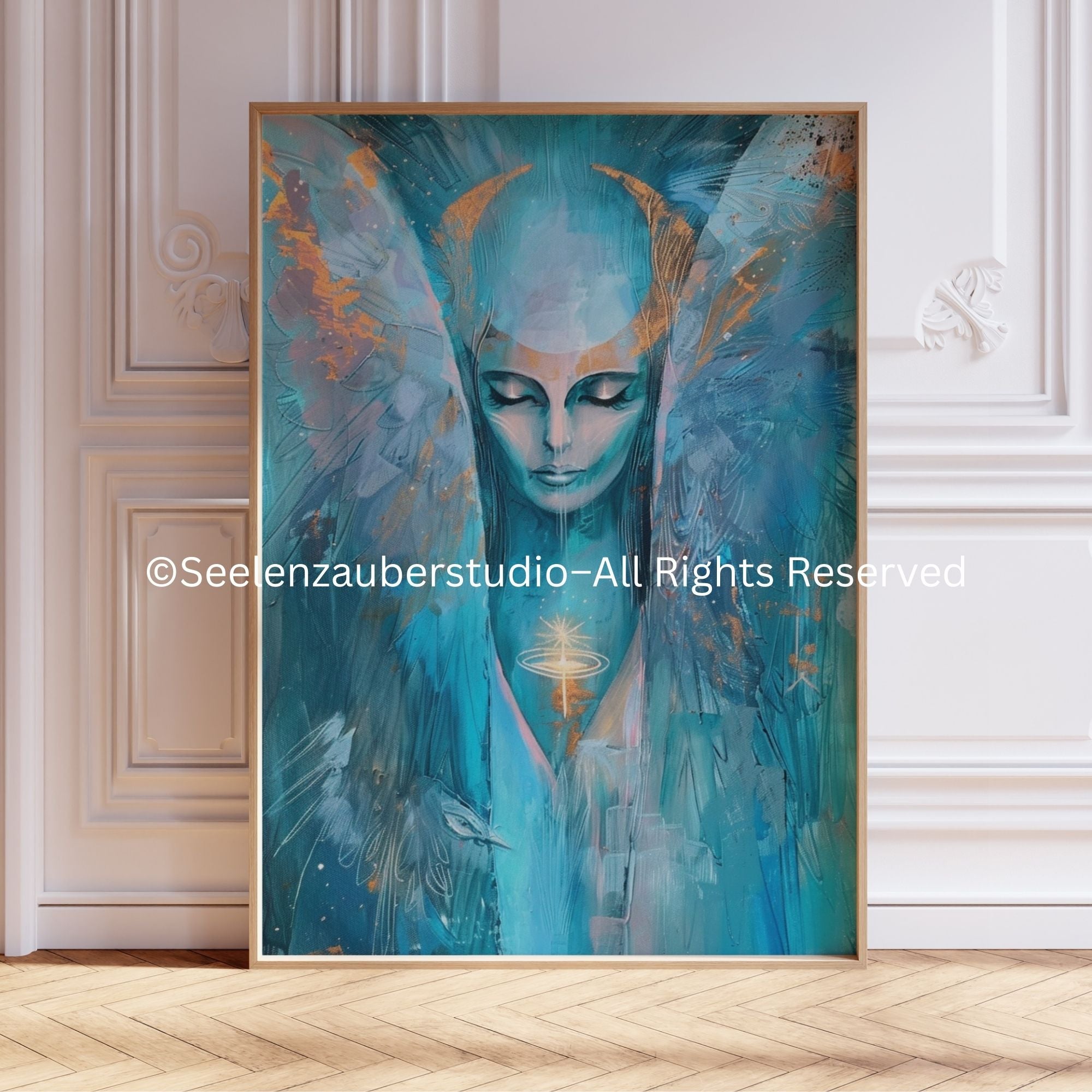 Erzengel Haniel Leinwand – Spirituelle Engelkunst in Türkis & Gold | Mystisches Wandbild mit Mondenergie