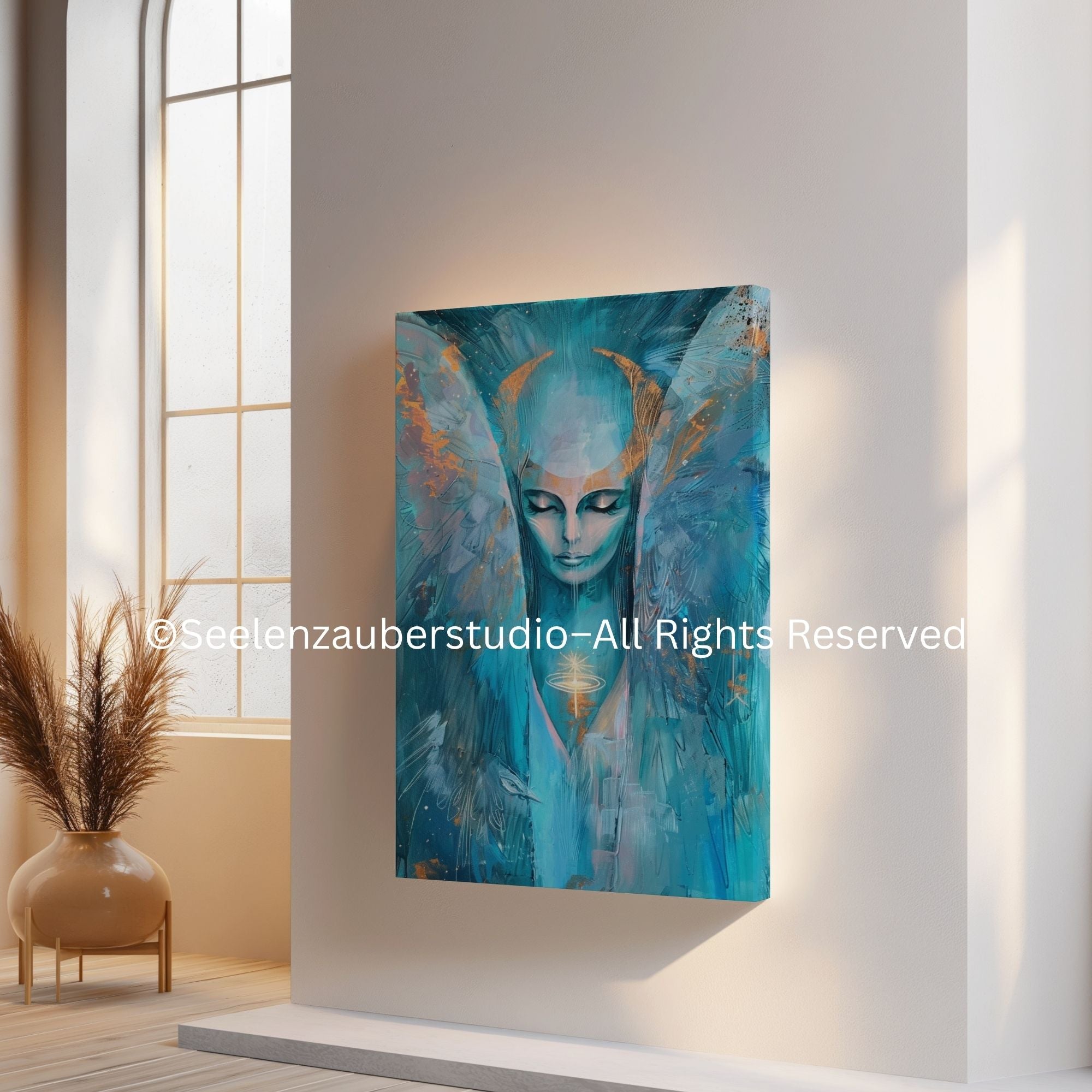 Erzengel Haniel Leinwand – Spirituelle Engelkunst in Türkis & Gold | Mystisches Wandbild mit Mondenergie