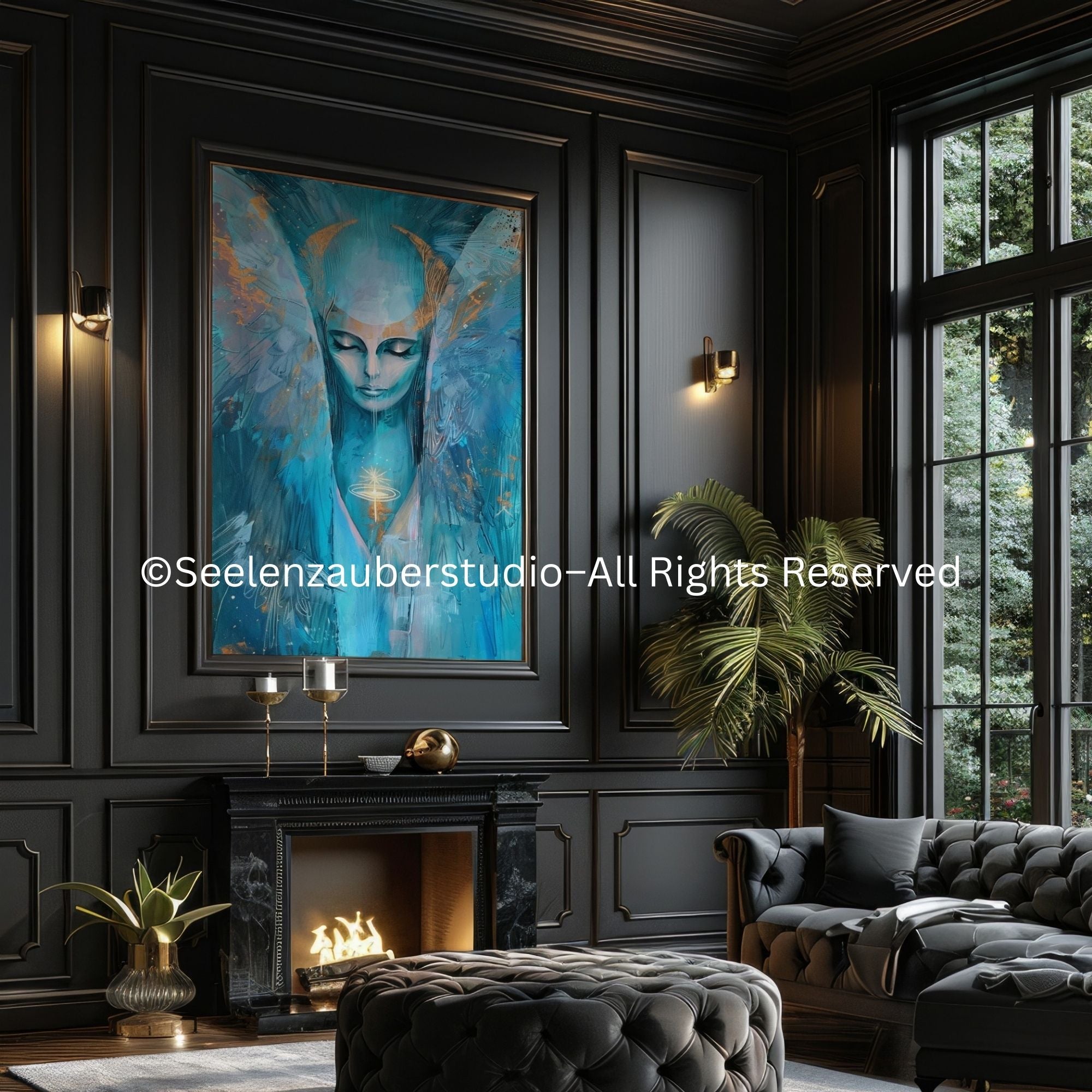 Erzengel Haniel Leinwand – Spirituelle Engelkunst in Türkis & Gold | Mystisches Wandbild mit Mondenergie