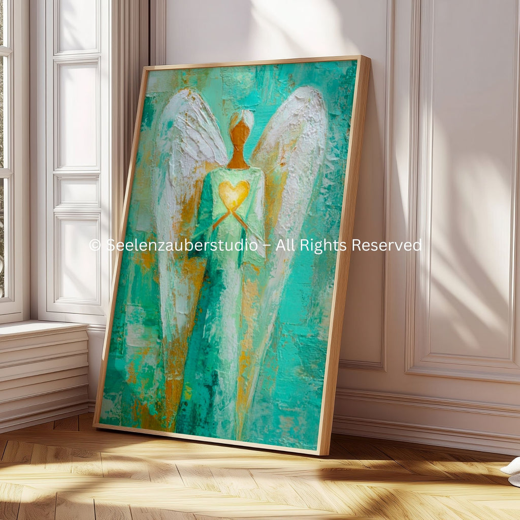 Abstraktes Engel Poster mit Herz – Moderner Schutzengel in Türkis & Gold – Spirituelle Wandkunst – Engelbild für Ruhe & Kraft