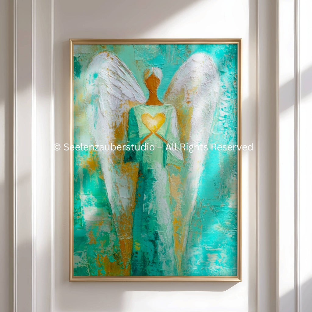 Abstraktes Engel Poster mit Herz – Moderner Schutzengel in Türkis & Gold – Spirituelle Wandkunst – Engelbild für Ruhe & Kraft