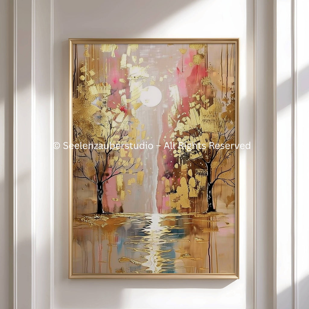 Poster „Fluss des Lebens“ – Spirituelle Wandkunst mit Gold-Akzenten & Motivationsspruch | Abstraktes Natur-Design für Wohnzimmer