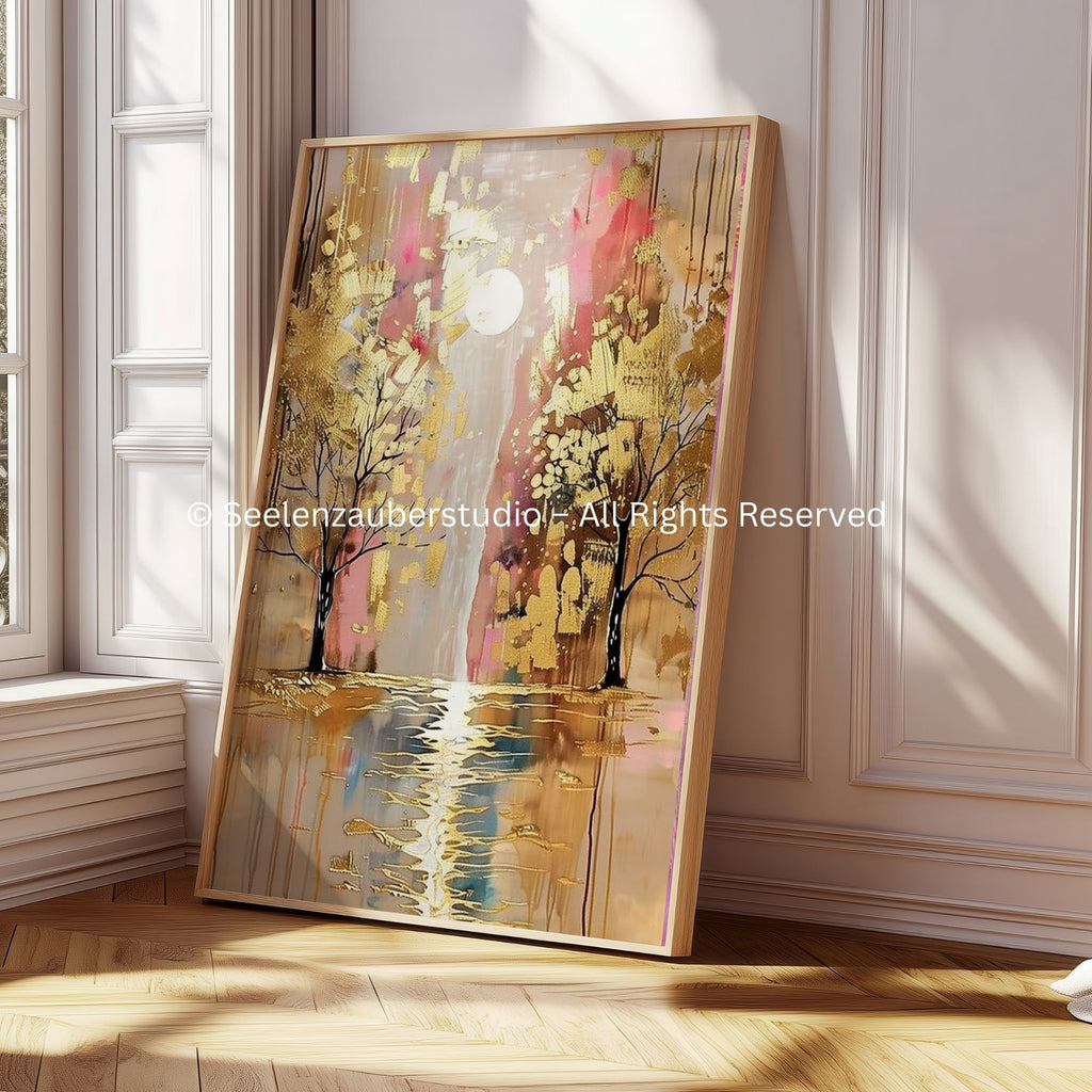 Poster „Fluss des Lebens“ – Spirituelle Wandkunst mit Gold-Akzenten & Motivationsspruch | Abstraktes Natur-Design für Wohnzimmer