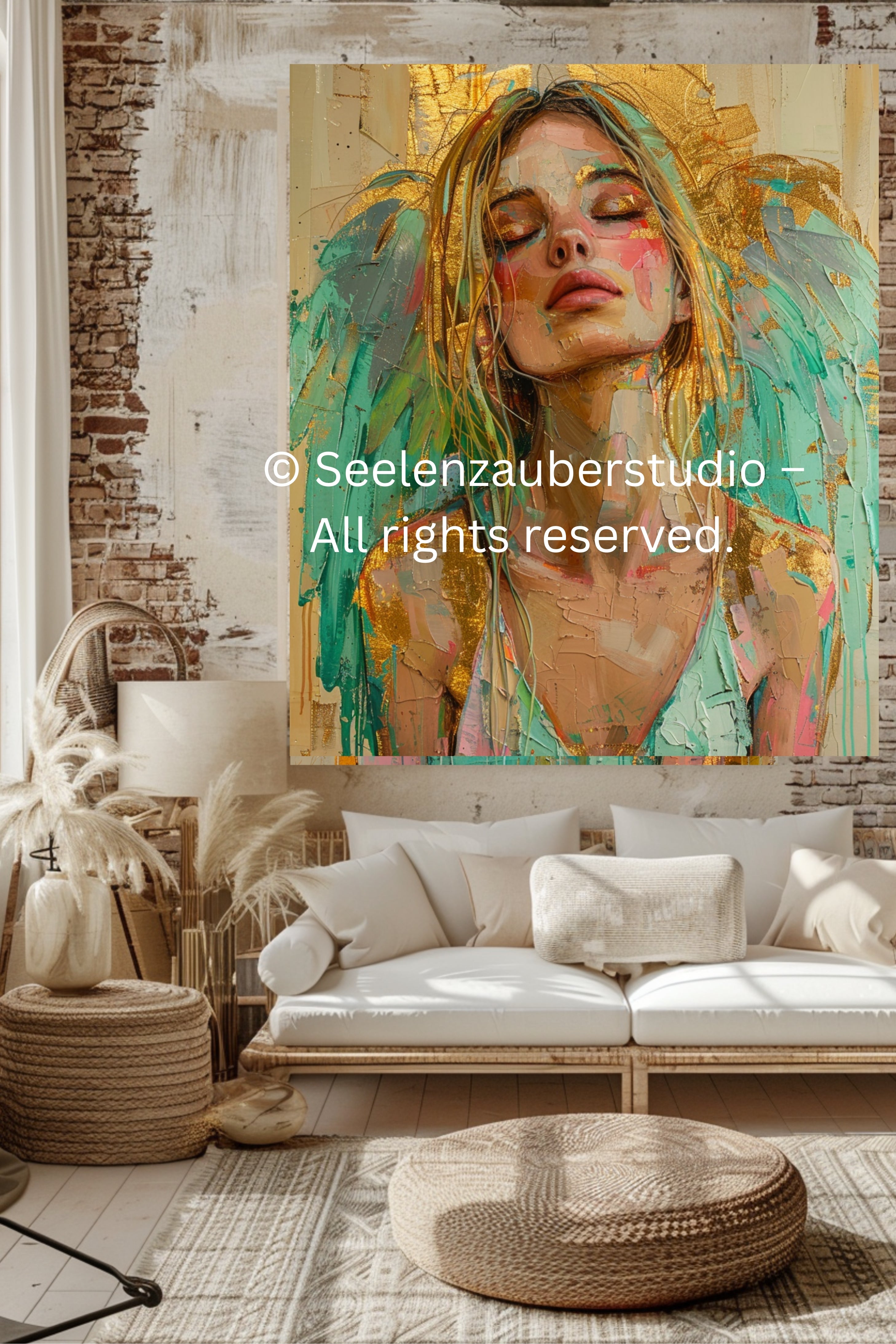 Poster Moderner Kunstdruck, Gold Türkis Engel Poster, Spirituelle Wanddeko, Abstraktes Engelbild Boho Art