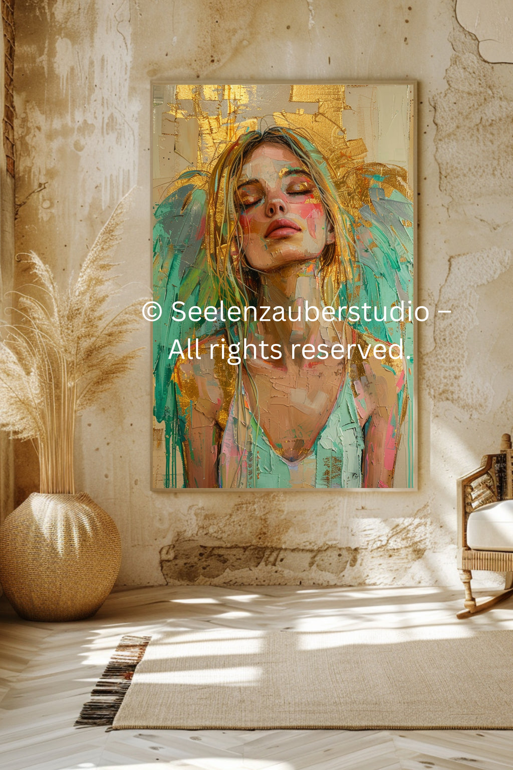 Poster Moderner Kunstdruck, Gold Türkis Engel Poster, Spirituelle Wanddeko, Abstraktes Engelbild Boho Art