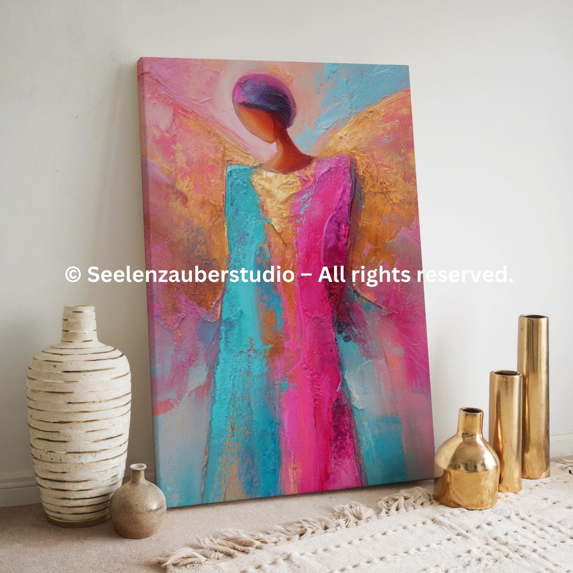 Abstraktes Engel Gemälde – Spirituelle Wandkunst mit Engelmotiv – Energie Bild in Pink  Türkis – Moderne Kunst – Geschenk für Seele & Herz