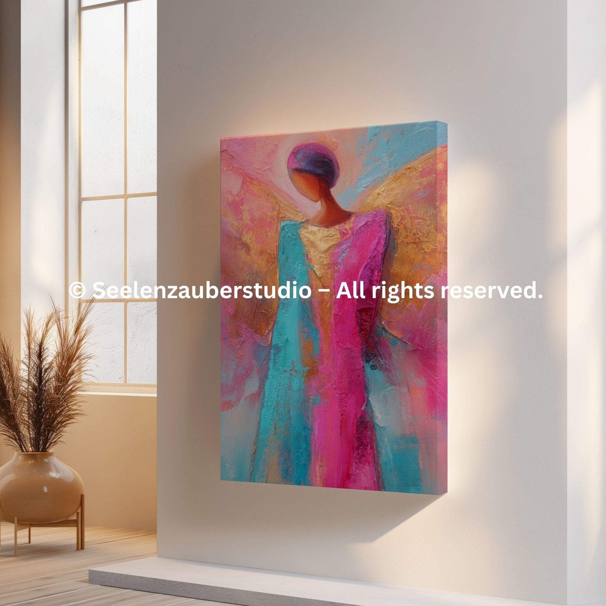 Abstraktes Engel Gemälde – Spirituelle Wandkunst mit Engelmotiv – Energie Bild in Pink  Türkis – Moderne Kunst – Geschenk für Seele & Herz