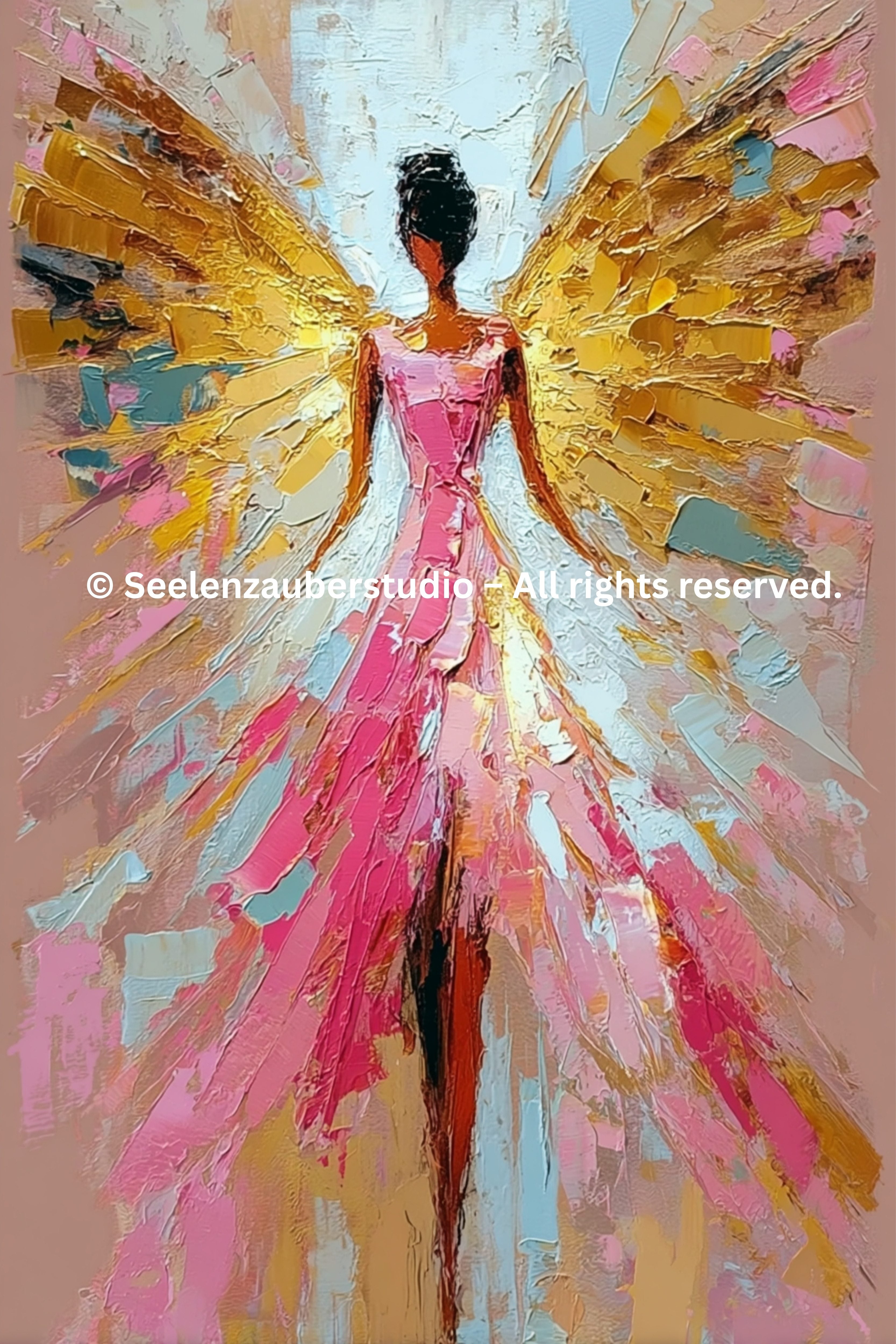 Modernes Engel Leinwandbild auf Keilrahmen – Spirituelle Wandkunst in Rosé  Gold – Abstraktes Engelgemälde mit Flügeln
