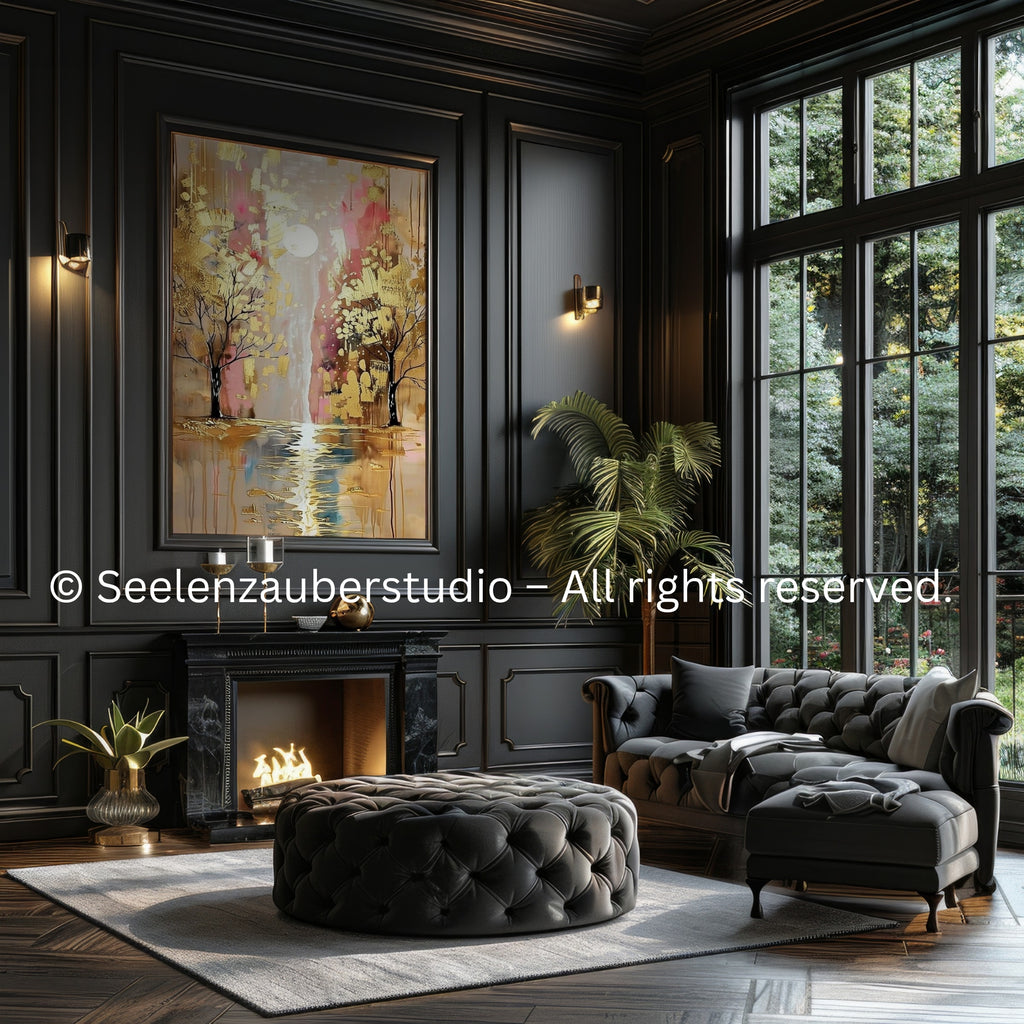 Poster „Fluss des Lebens“ – Spirituelle Wandkunst mit Gold-Akzenten & Motivationsspruch | Abstraktes Natur-Design für Wohnzimmer