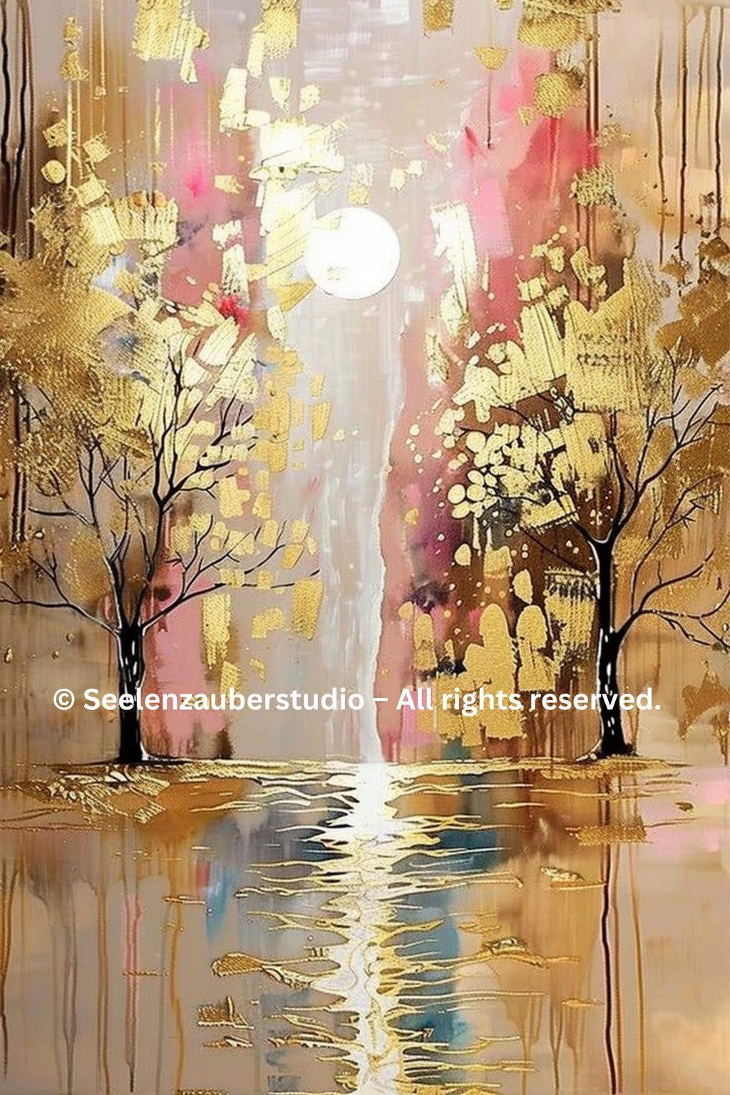Poster „Fluss des Lebens“ – Spirituelle Wandkunst mit Gold-Akzenten & Motivationsspruch | Abstraktes Natur-Design für Wohnzimmer
