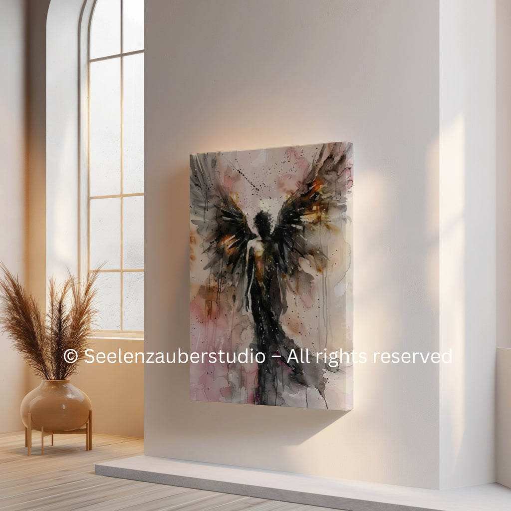 Abstraktes Engel Leinwandbild auf Keilrahmen – Spirituelle Wandkunst, Moderne Engel Kunst,  Hochwertiger Kunstdruck, Boho Deko