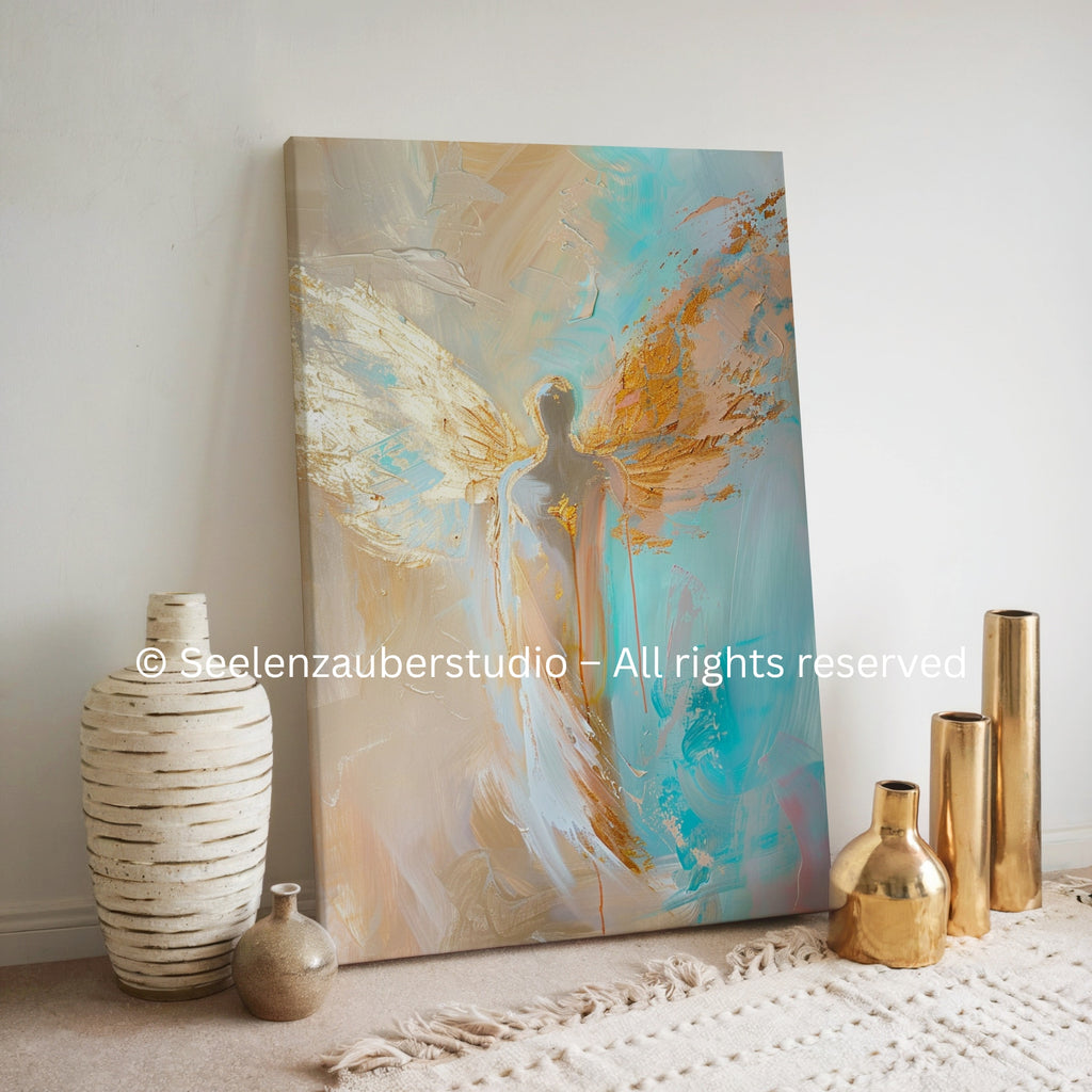 Engel Leinwandbild spirituell – Lichtengel Kunst in Beige, Türkis Gold – Hochwertiges Leinwandbild für Schutz, Vertrauen & innere Ruhe