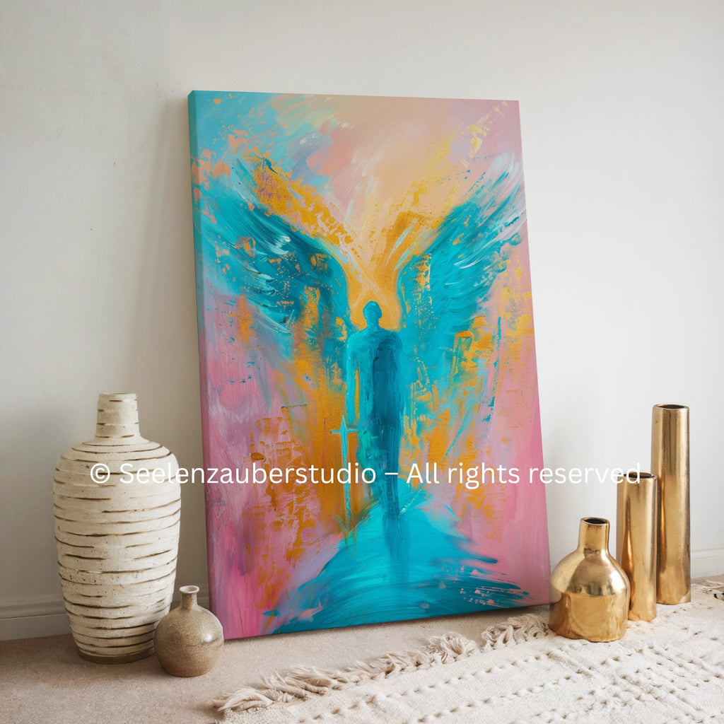 Erzengel Michael Leinwandbild spirituell – Schutz, Stärke Engel Kunst in Türkis Gold – Hochwertiges Leinwandbild für Mut, Klarheit,