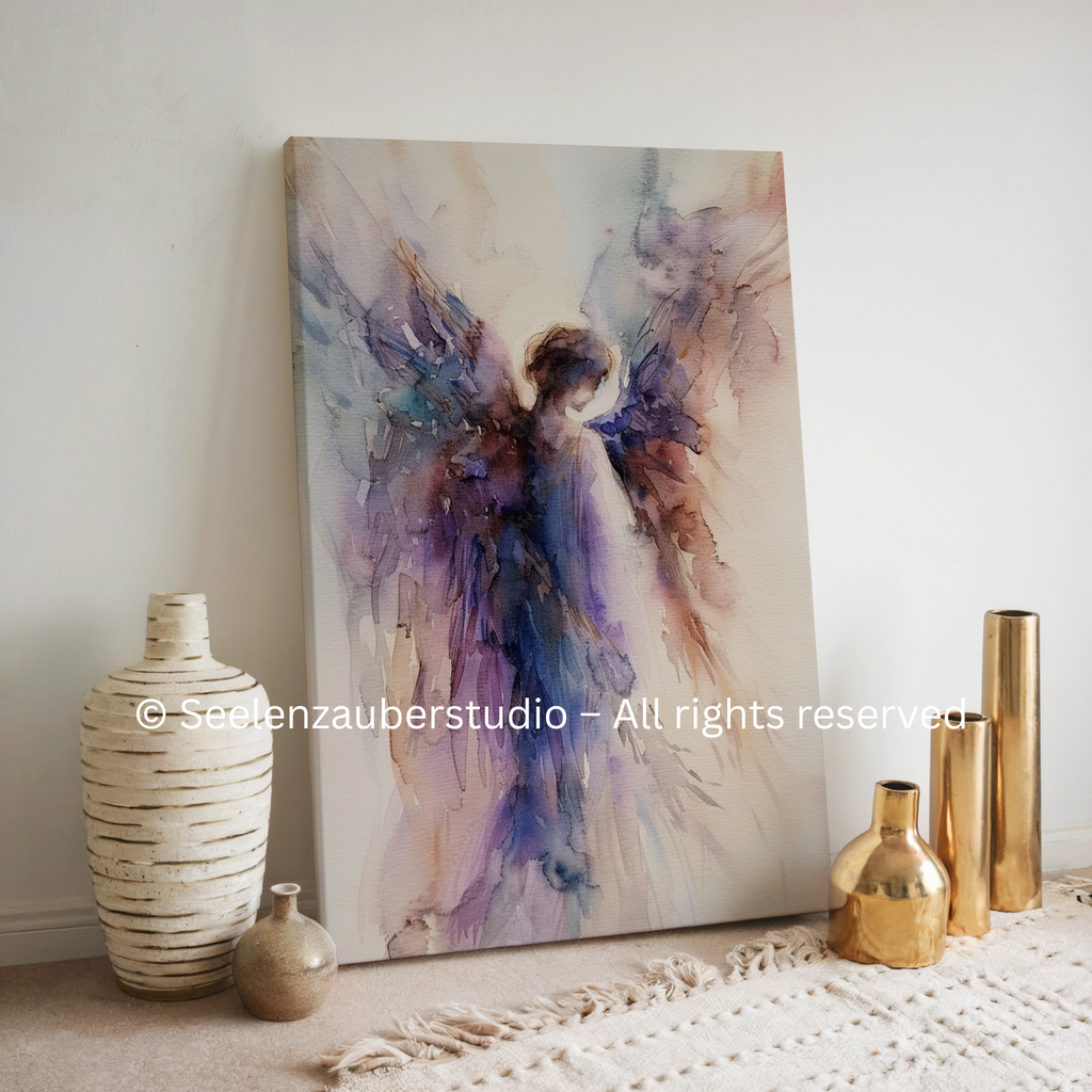 Engel Leinwandbild spirituell – Schutzengel Kunst in Aquarelloptik – Hochwertiges Leinwandbild für Ruhe, Trost & Seelenkraft
