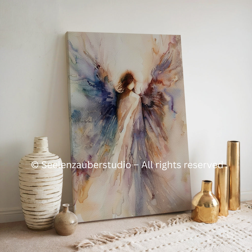 Engel Leinwandbild spirituell – Schutzengel Kunst in Aquarelloptik – Hochwertiges Leinwandbild für Ruhe, Trost & Seelenkraft