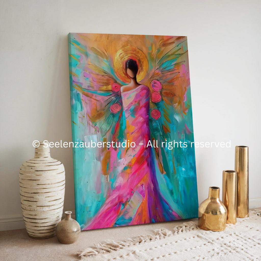 Engel Leinwandbild spirituell – Farbenfroher Lichtengel Kunst in Türkis Pink Gold -Lebensfreude Schutz Herzenergie